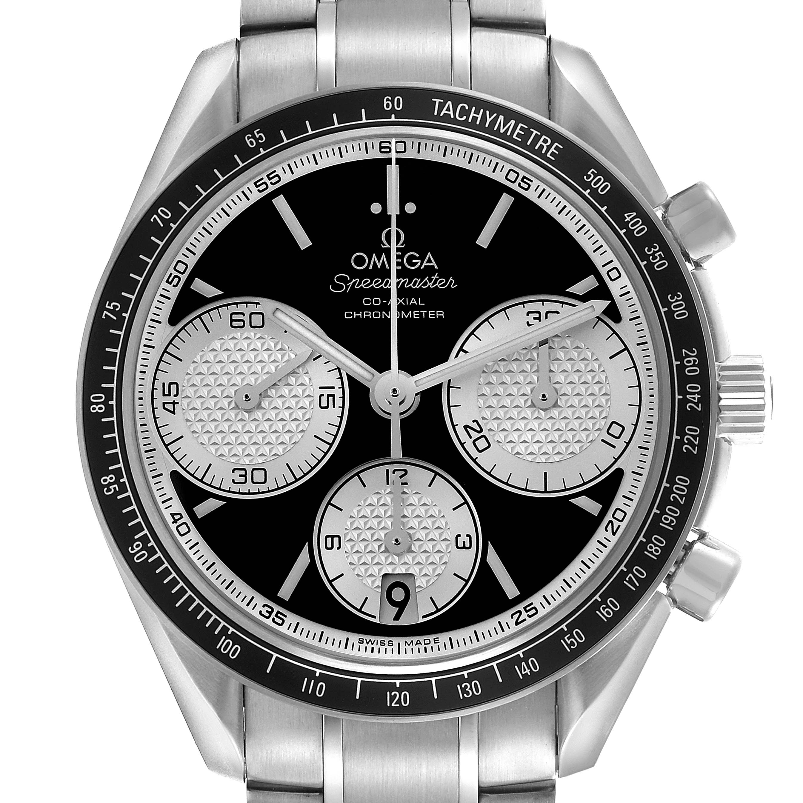 The Omega Speedmaster 326.30.40.50.01.002 Men's Stainless Steel Black Dial 326.30.40.50.01.002 Men's Stainless Steel Black Dial watch is shown from the front, highlighting the dial, subdials, and tachymeter bezel.