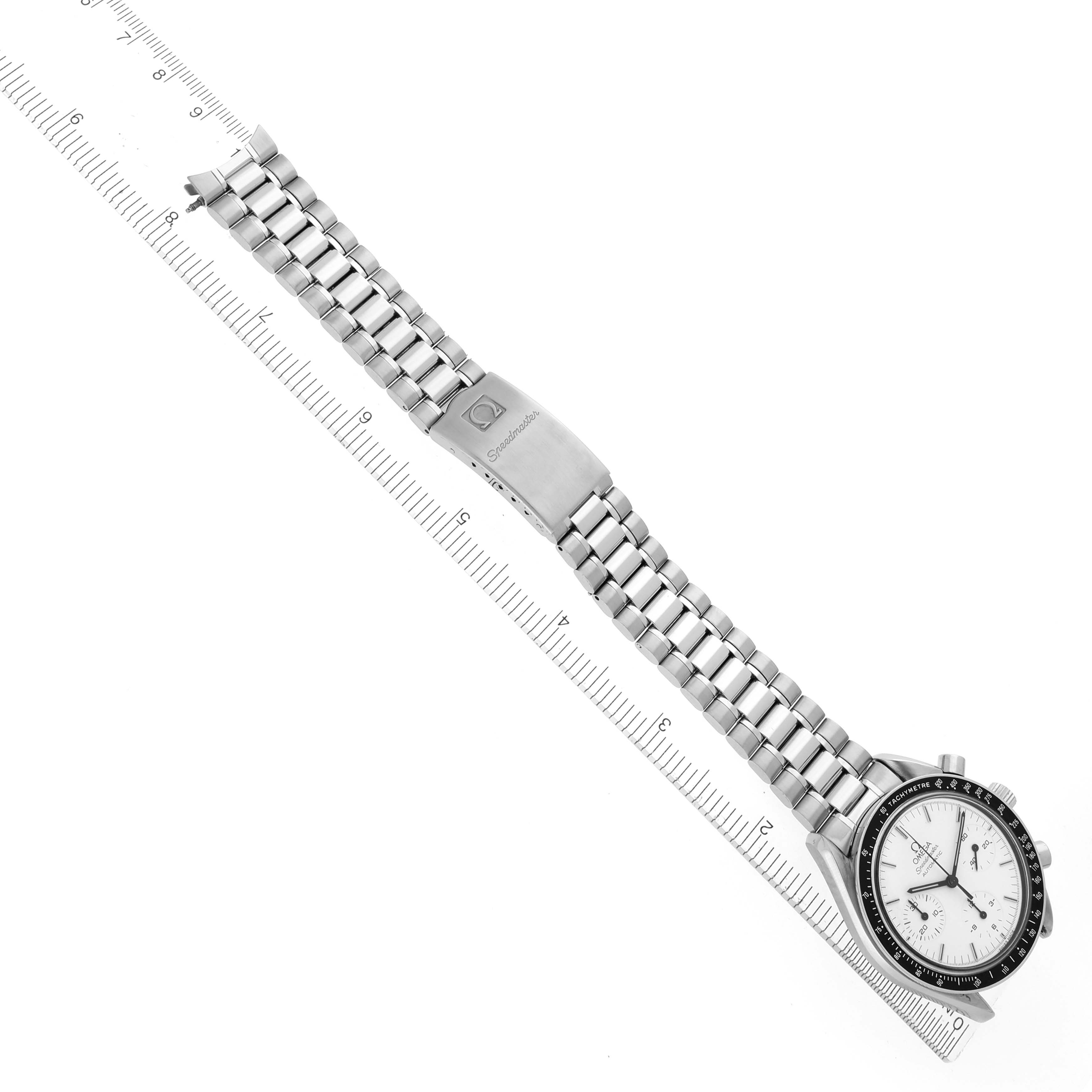 The image shows an Omega Speedmaster 3510.20.00 Men's Stainless Steel White Dial 3510.20.00 Men's Stainless Steel White Dial watch from a top view, featuring the face, bezel, and metal bracelet.