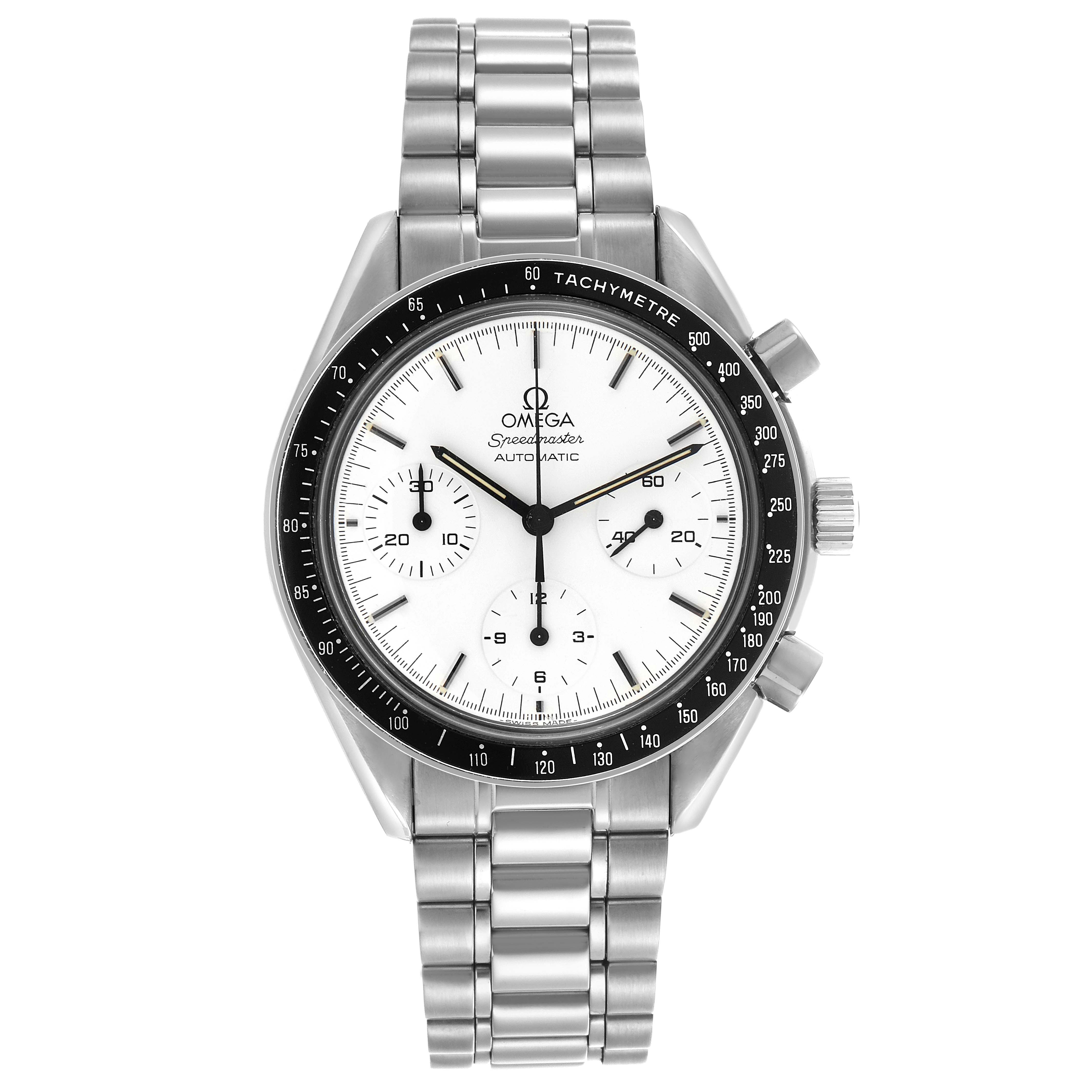 The Omega Speedmaster 3510.20.00 Men's Stainless Steel White Dial 3510.20.00 Men's Stainless Steel White Dial is shown from the front, displaying the dial, bezel, bracelet, and pushers.
