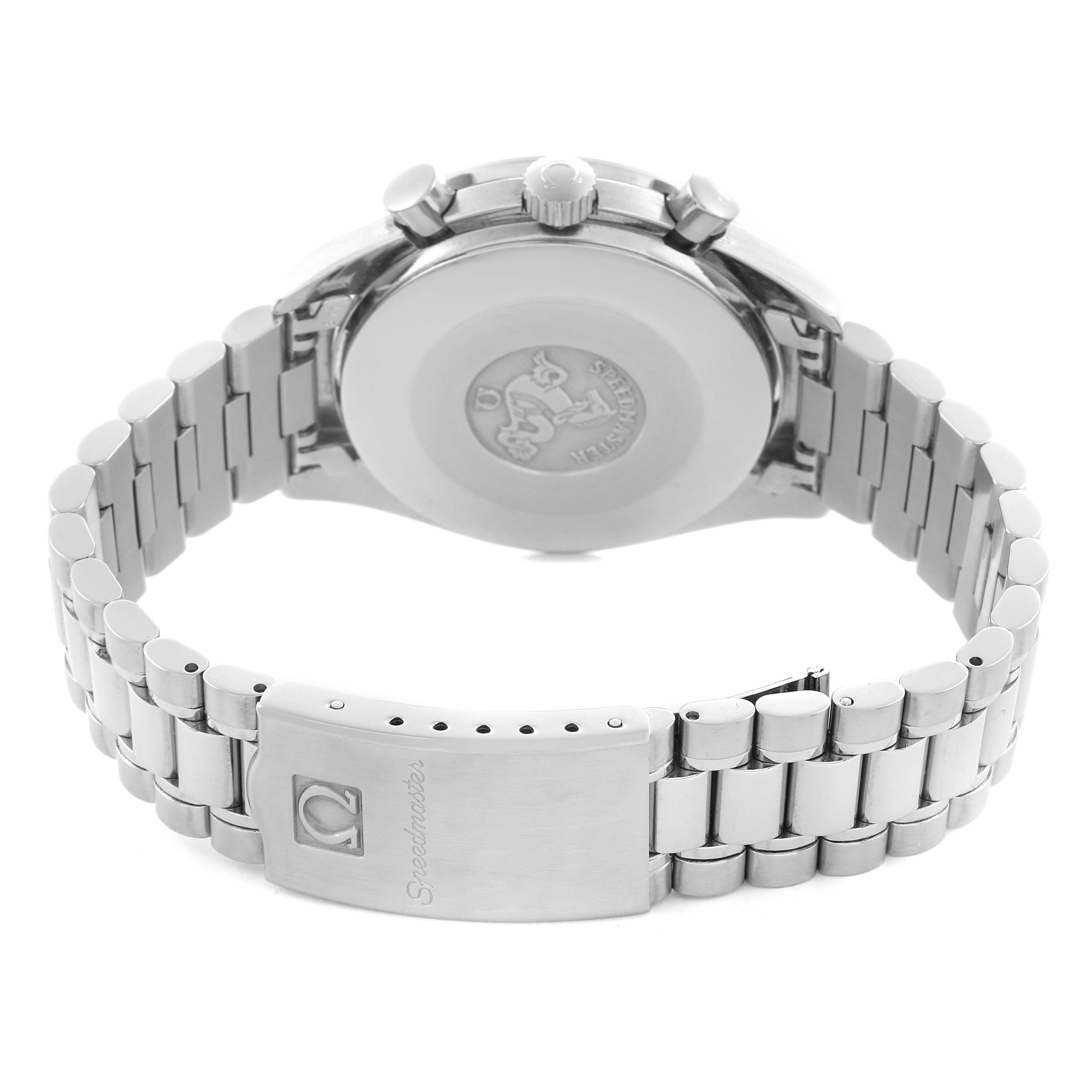 The image shows the back view of the Omega Speedmaster 3510.20.00 Men's Stainless Steel White Dial 3510.20.00 Men's Stainless Steel White Dial watch, highlighting the case back and bracelet clasp.