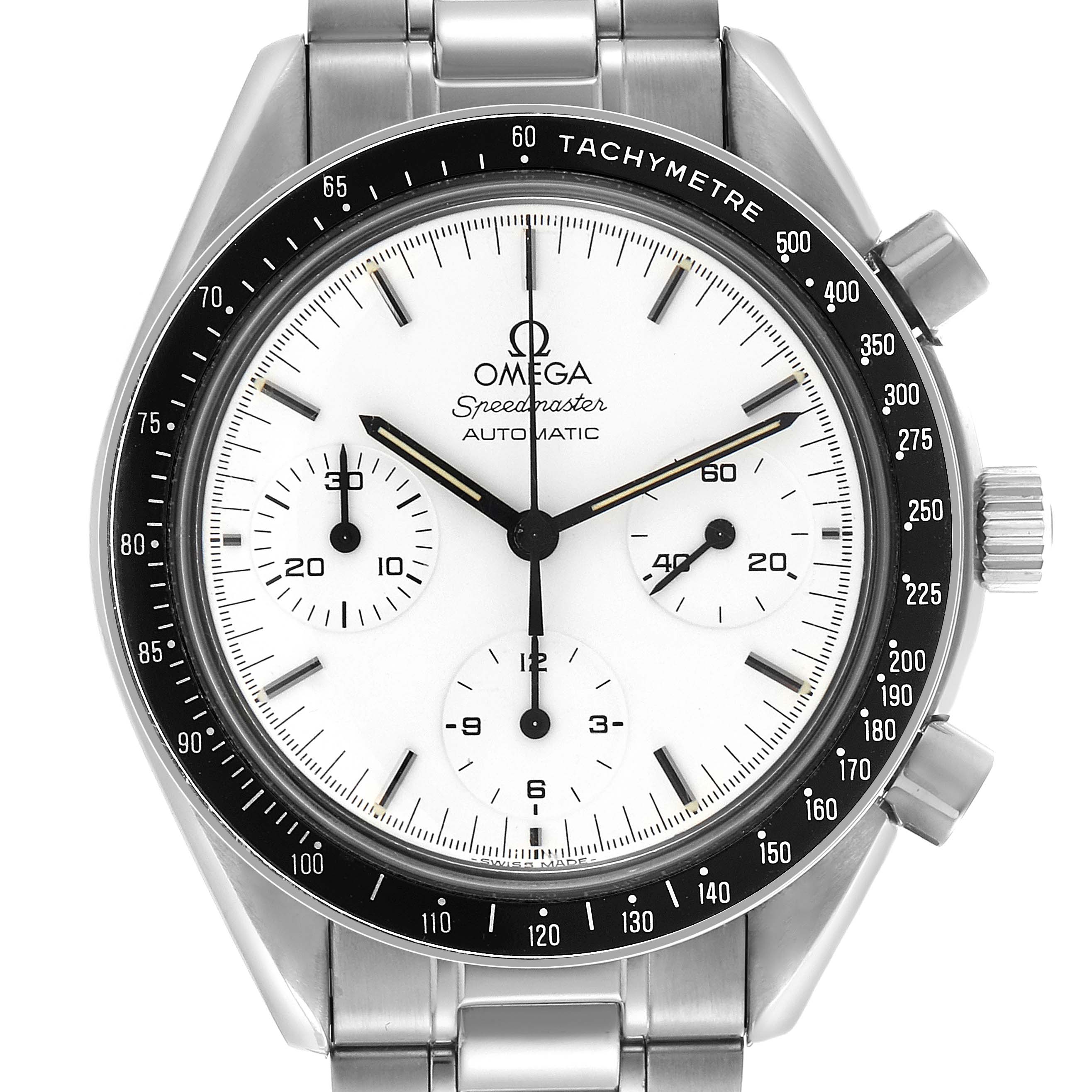 The Omega Speedmaster 3510.20.00 Men's Stainless Steel White Dial 3510.20.00 Men's Stainless Steel White Dial watch is shown from the front, displaying its dial, tachymeter bezel, subdials, and bracelet.