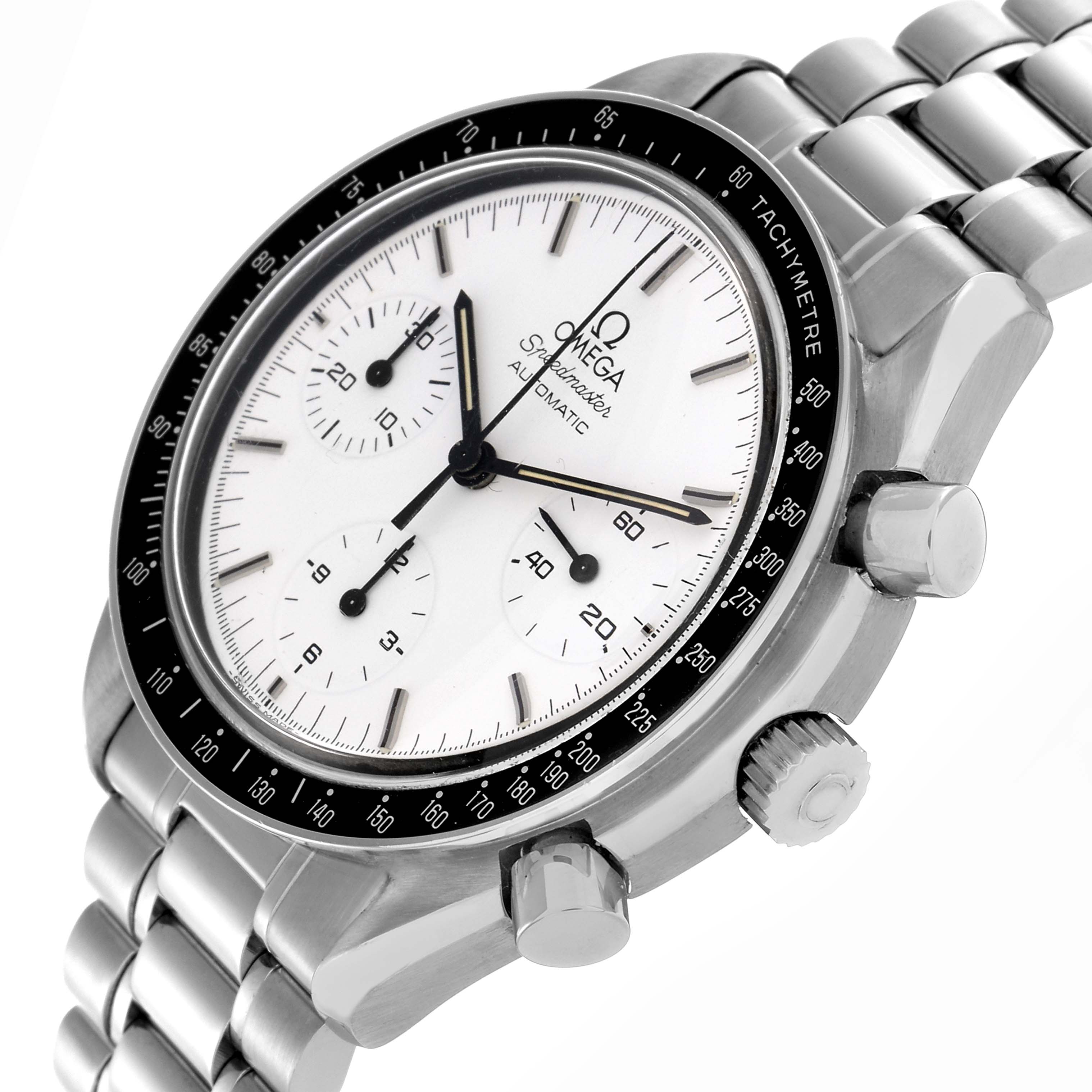 The Omega Speedmaster 3510.20.00 Men's Stainless Steel White Dial 3510.20.00 Men's Stainless Steel White Dial watch is shown from a three-quarter angle, displaying the dial, bezel, pushers, crown, and bracelet.