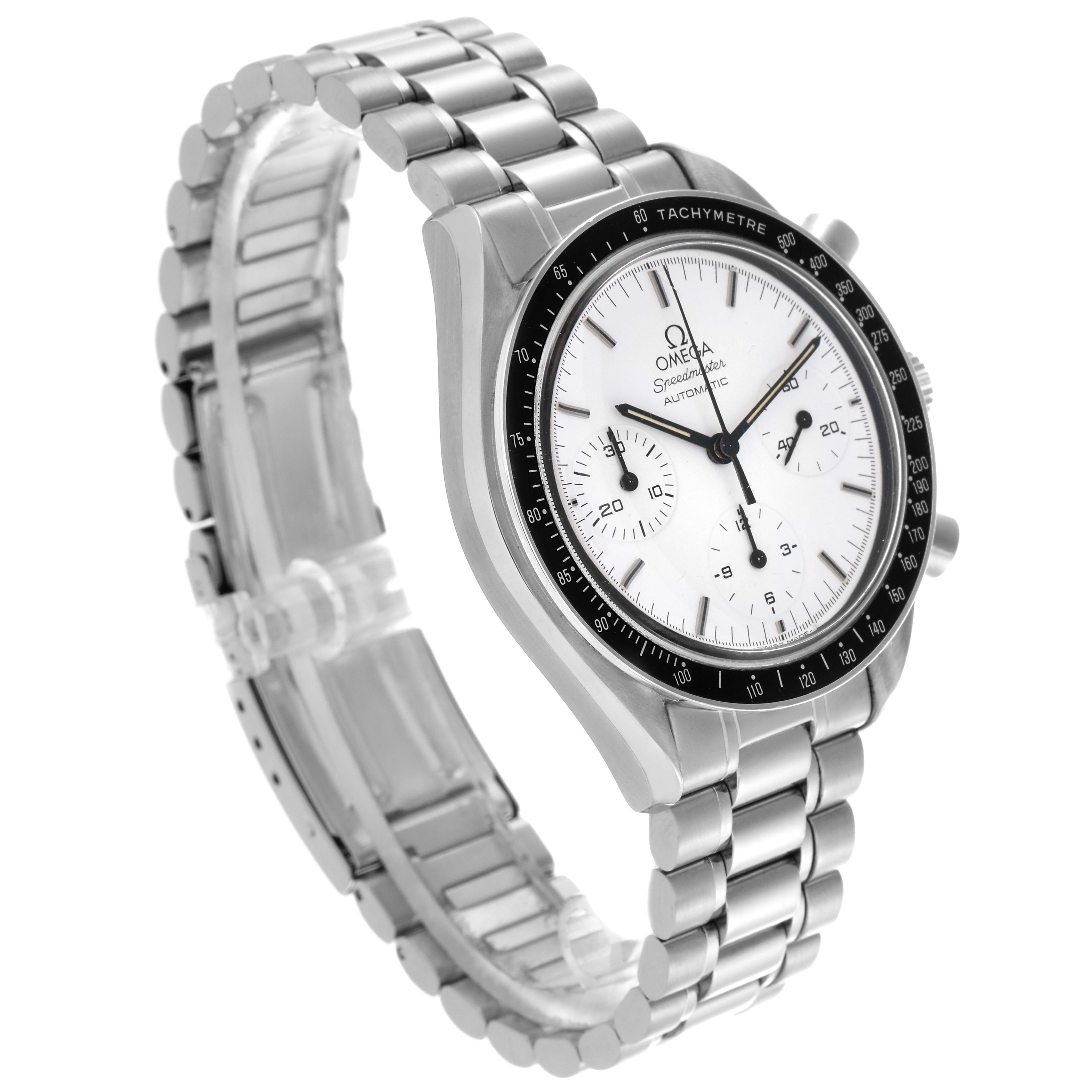 The image shows an Omega Speedmaster 3510.20.00 Men's Stainless Steel White Dial 3510.20.00 Men's Stainless Steel White Dial watch at a three-quarter angle, highlighting the dial, bezel, and bracelet.