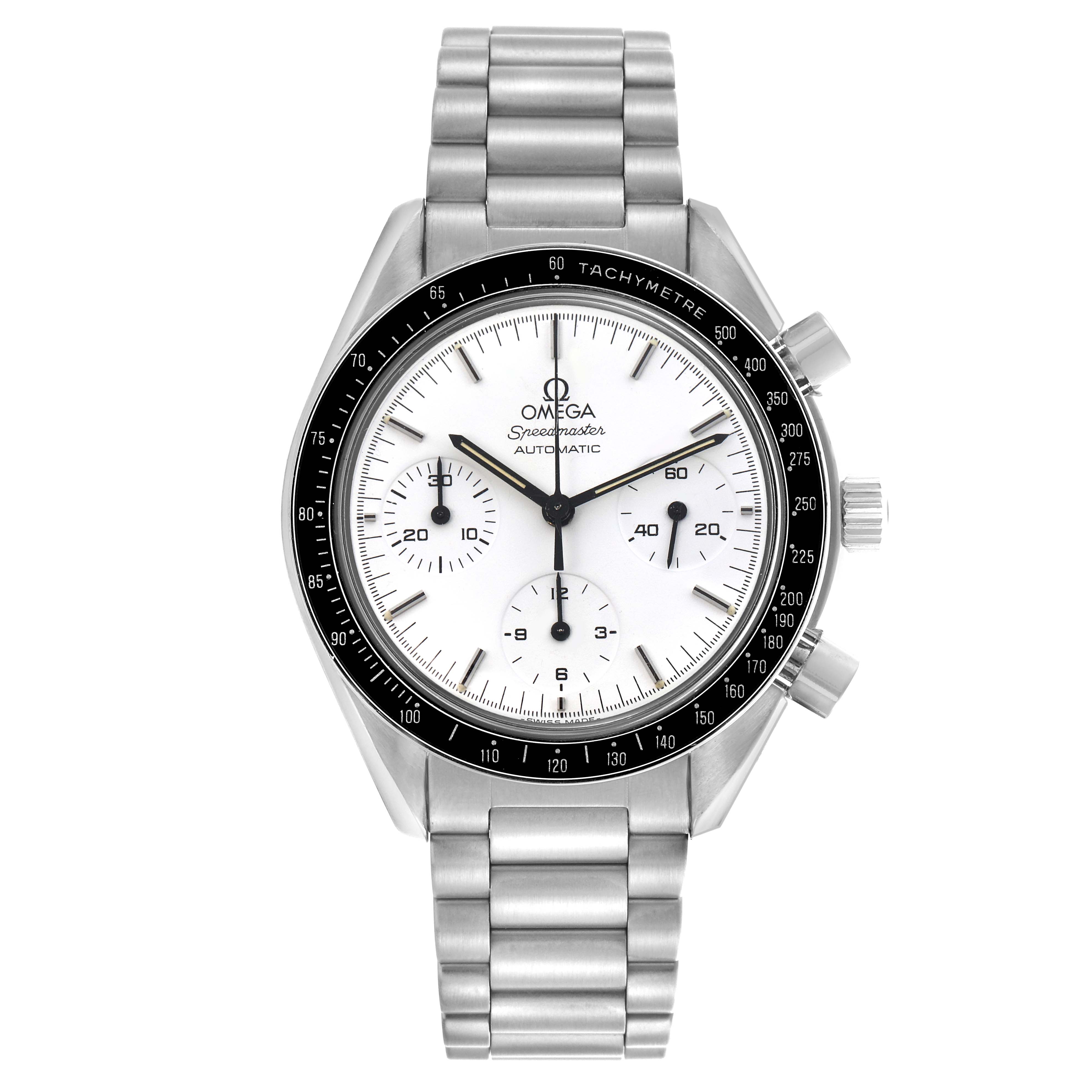 The Omega Speedmaster 3510.20.00 Men's Stainless Steel White Dial 3510.20.00 Men's Stainless Steel White Dial watch is shown from a front angle, displaying its face, tachymetre bezel, and stainless steel bracelet.