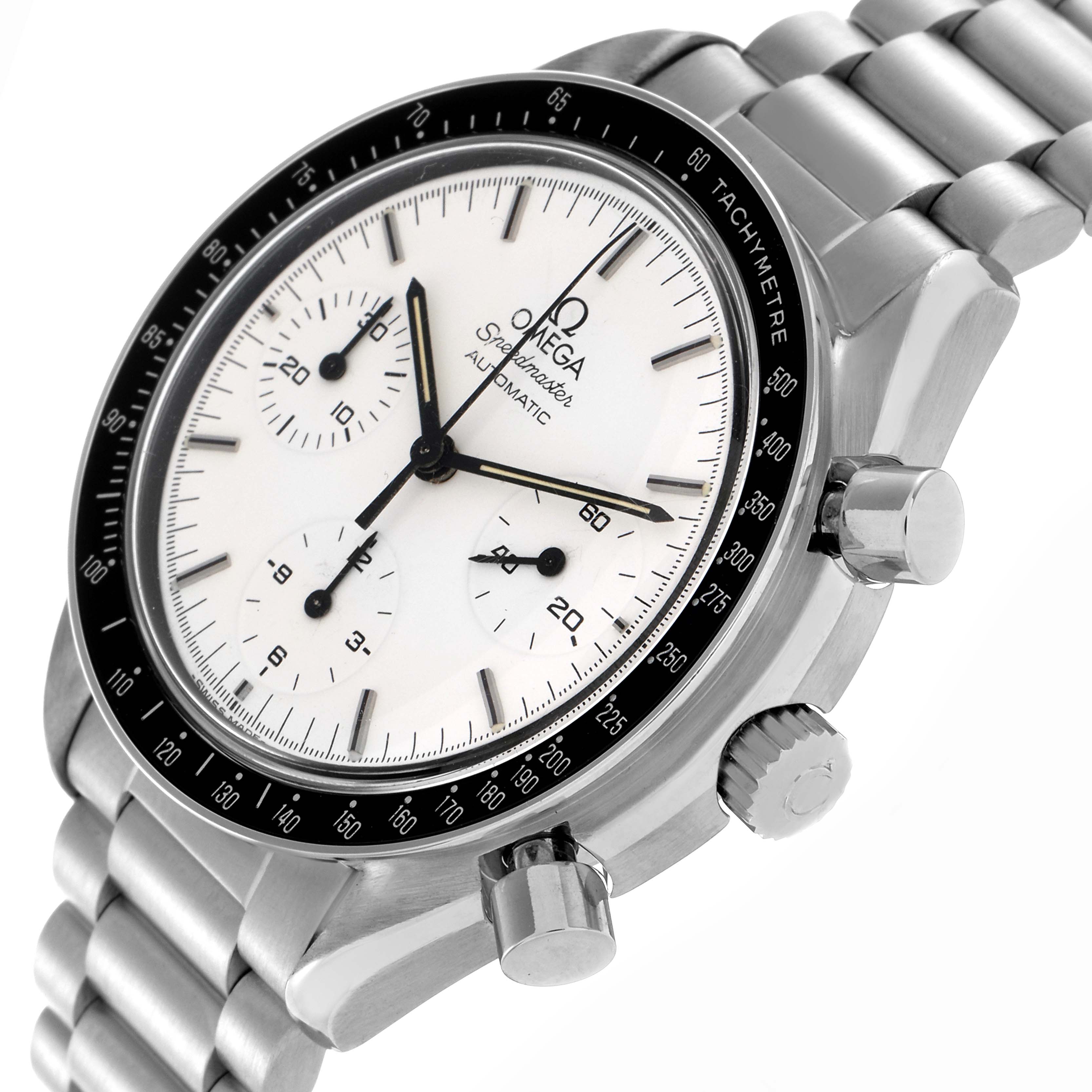 The Omega Speedmaster 3510.20.00 Men's Stainless Steel White Dial 3510.20.00 Men's Stainless Steel White Dial watch is shown at an angle highlighting its face, bezel, pushers, and metal bracelet.