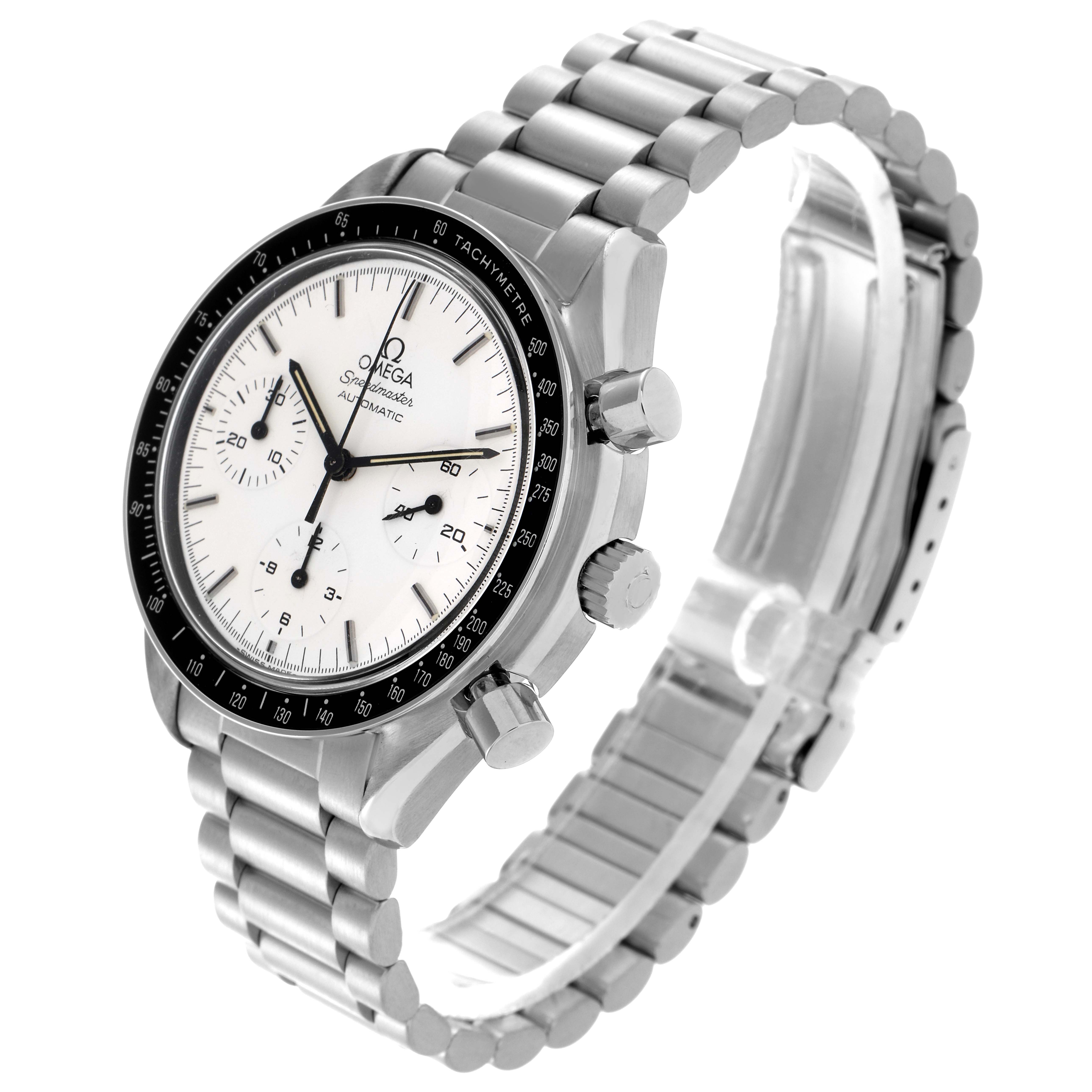 The Omega Speedmaster 3510.20.00 Men's Stainless Steel White Dial 3510.20.00 Men's Stainless Steel White Dial model is shown at a three-quarter angle, displaying the dial, bezel, crown, pushers, and bracelet.