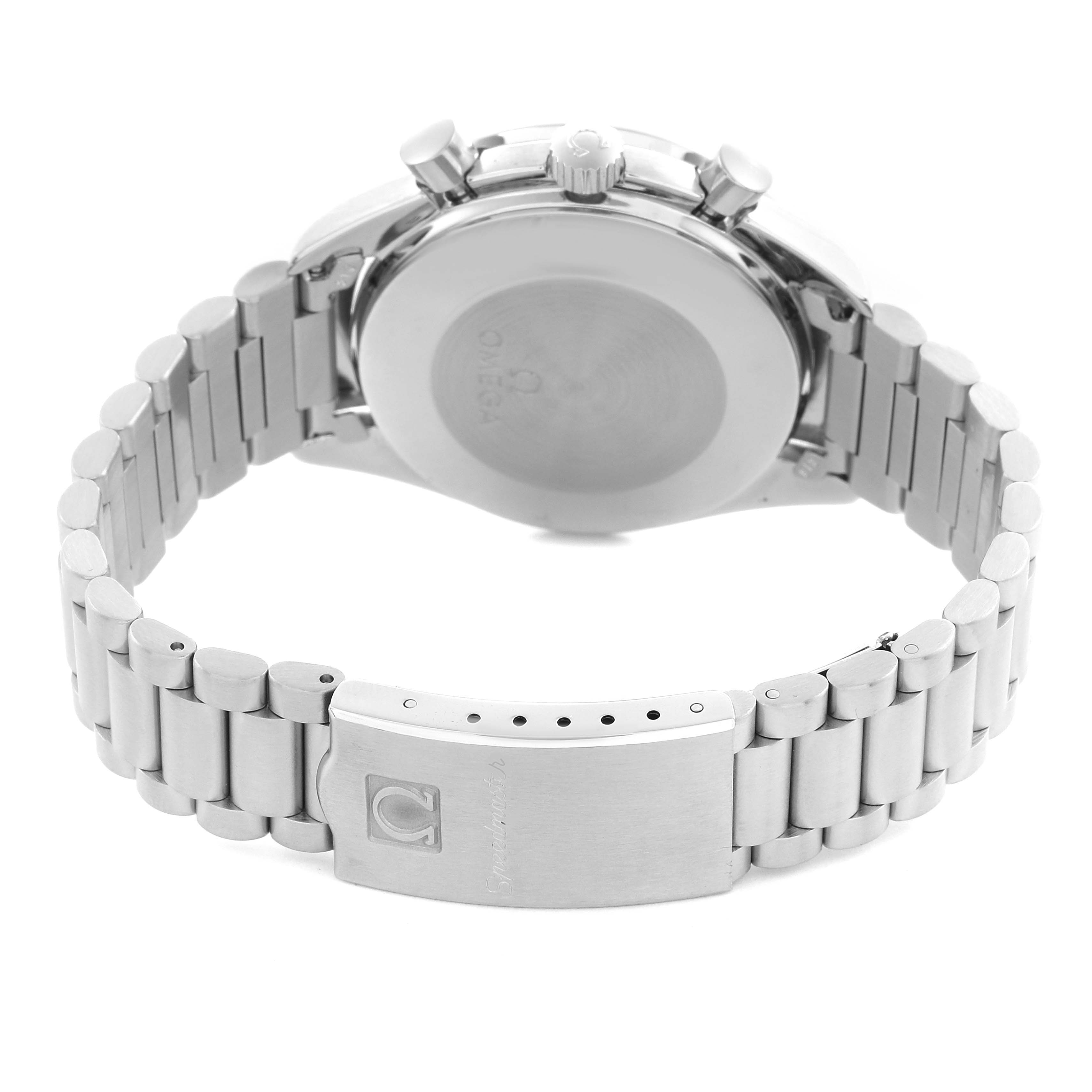 The Omega Speedmaster 3510.20.00 Men's Stainless Steel White Dial 3510.20.00 Men's Stainless Steel White Dial watch is shown from the back, highlighting the case back, bracelet, and clasp.