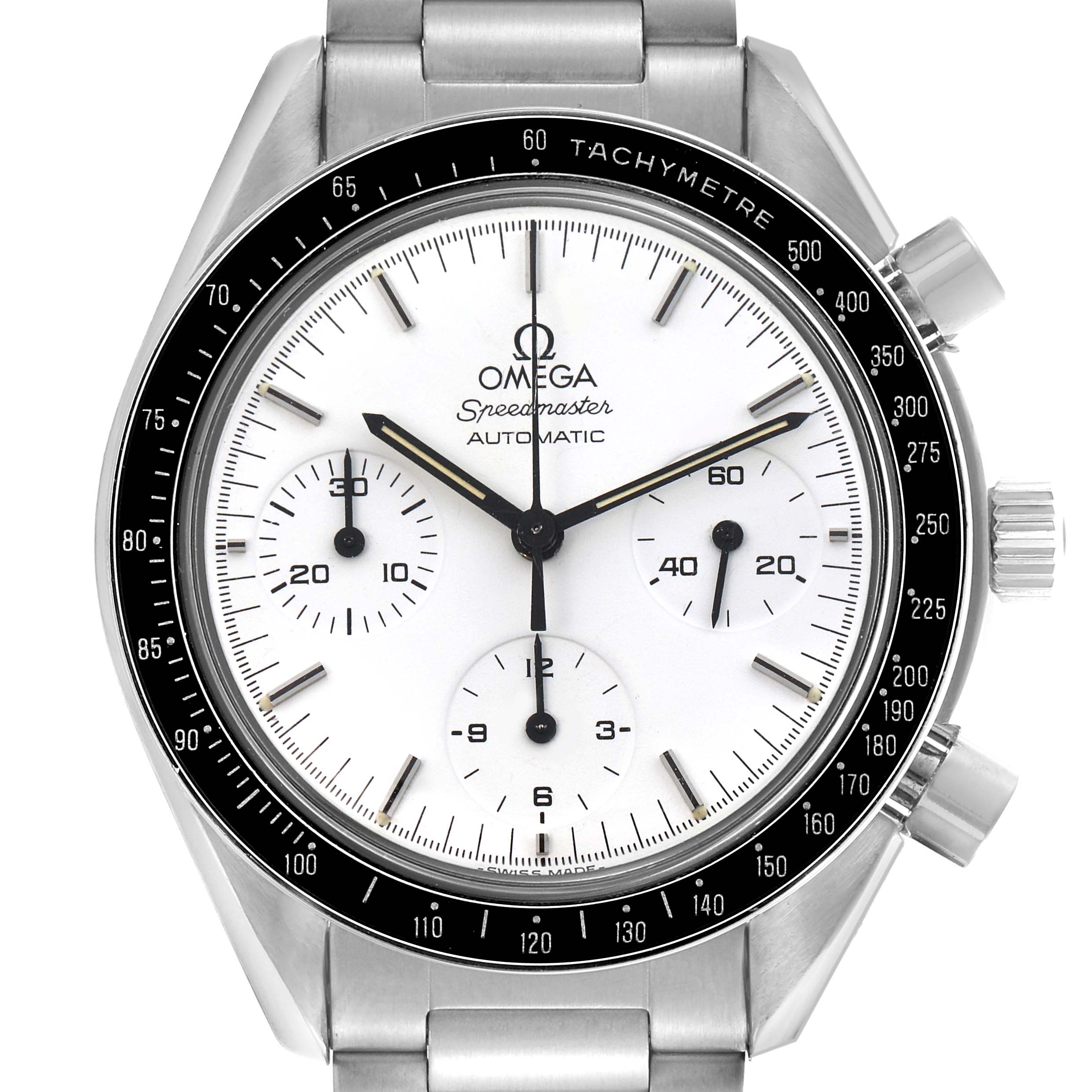 The Omega Speedmaster 3510.20.00 Men's Stainless Steel White Dial 3510.20.00 Men's Stainless Steel White Dial watch is shown from the front, displaying its bezel, face, sub-dials, and tachymeter.