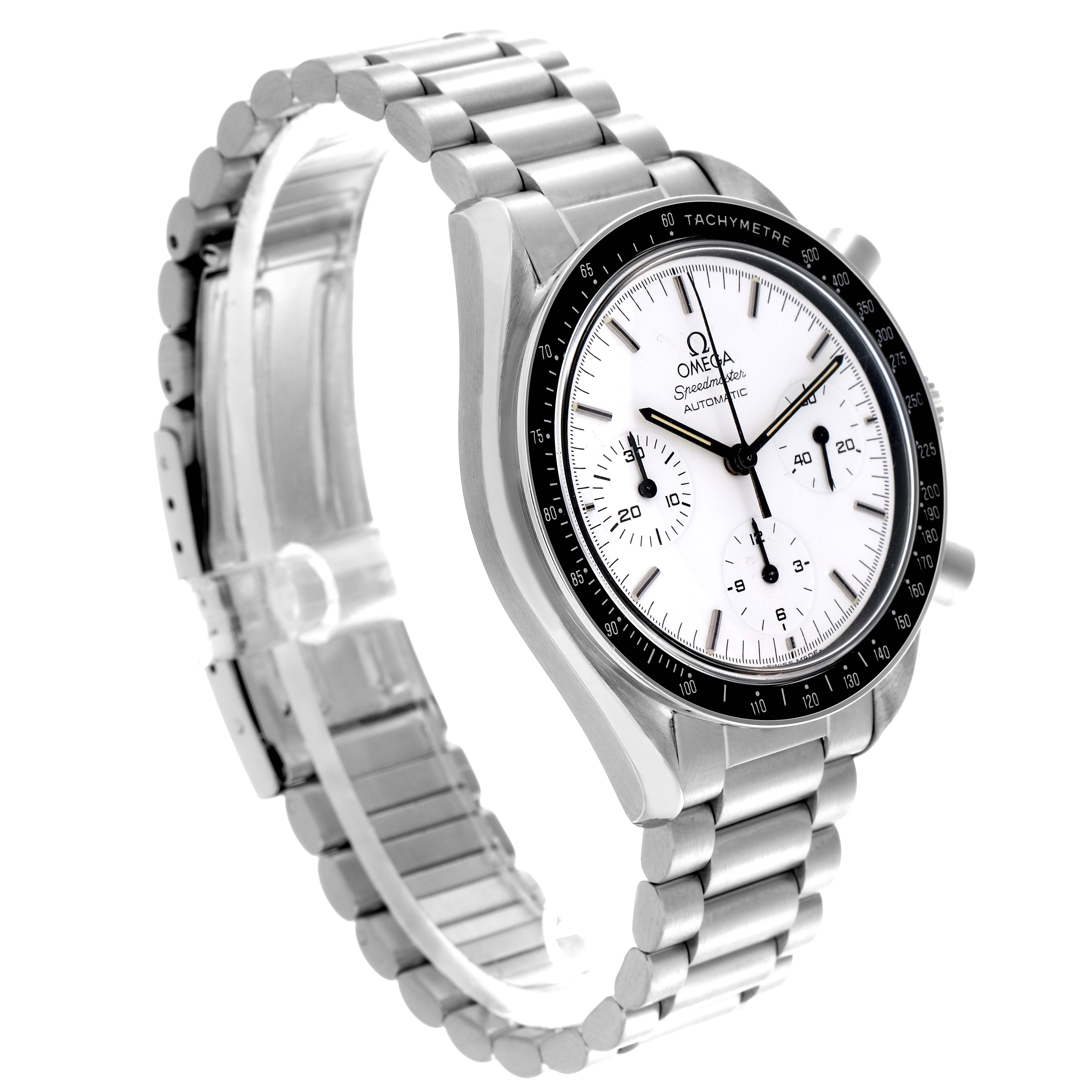 The Omega Speedmaster 3510.20.00 Men's Stainless Steel White Dial 3510.20.00 Men's Stainless Steel White Dial watch is shown at a three-quarter angle, highlighting the face, tachymeter bezel, and metal bracelet.