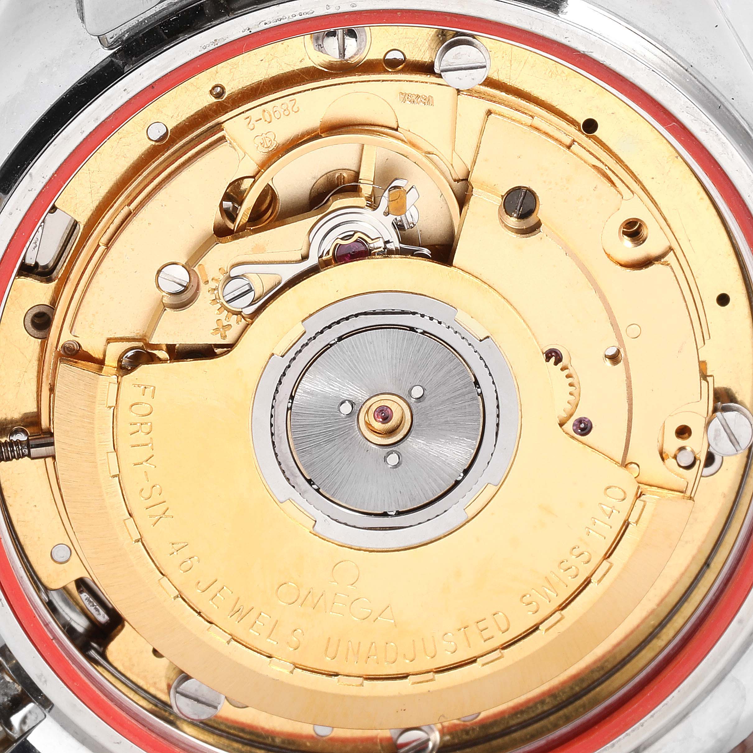 This image shows a close-up of the movement mechanism of an Omega Speedmaster 3310.10.00 Men's Steel and Gold (two tone) Champagne Dial 3310.10.00 Men's Steel and Gold (two tone) Champagne Dial watch.
