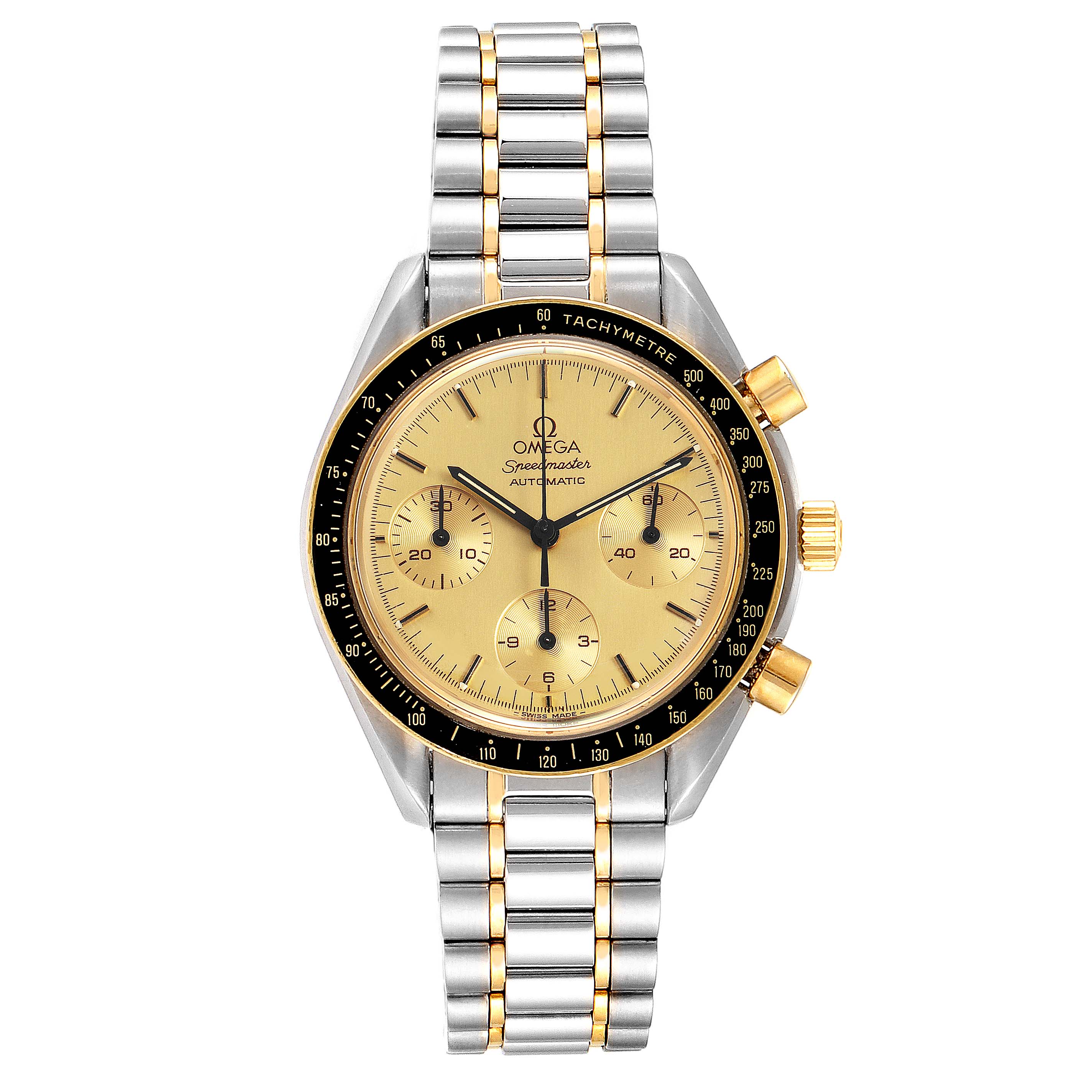 This image shows a frontal view of an Omega Speedmaster 3310.10.00 Men's Steel and Gold (two tone) Champagne Dial 3310.10.00 Men's Steel and Gold (two tone) Champagne Dial watch with a stainless steel and gold bracelet and a gold dial.