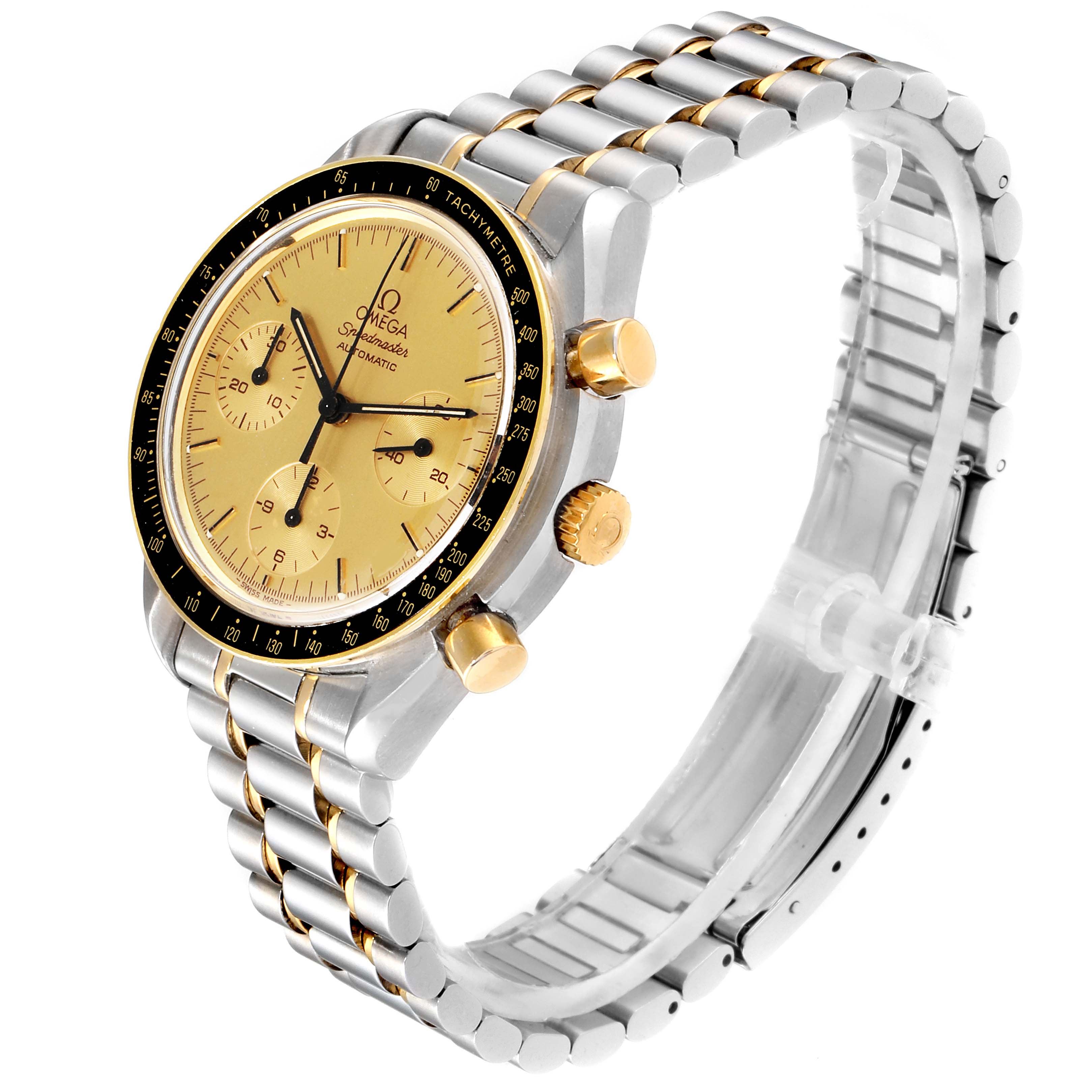The image shows a side angle of the Omega Speedmaster 3310.10.00 Men's Steel and Gold (two tone) Champagne Dial 3310.10.00 Men's Steel and Gold (two tone) Champagne Dial watch, highlighting its bezel, dial, pushers, crown, and bracelet.