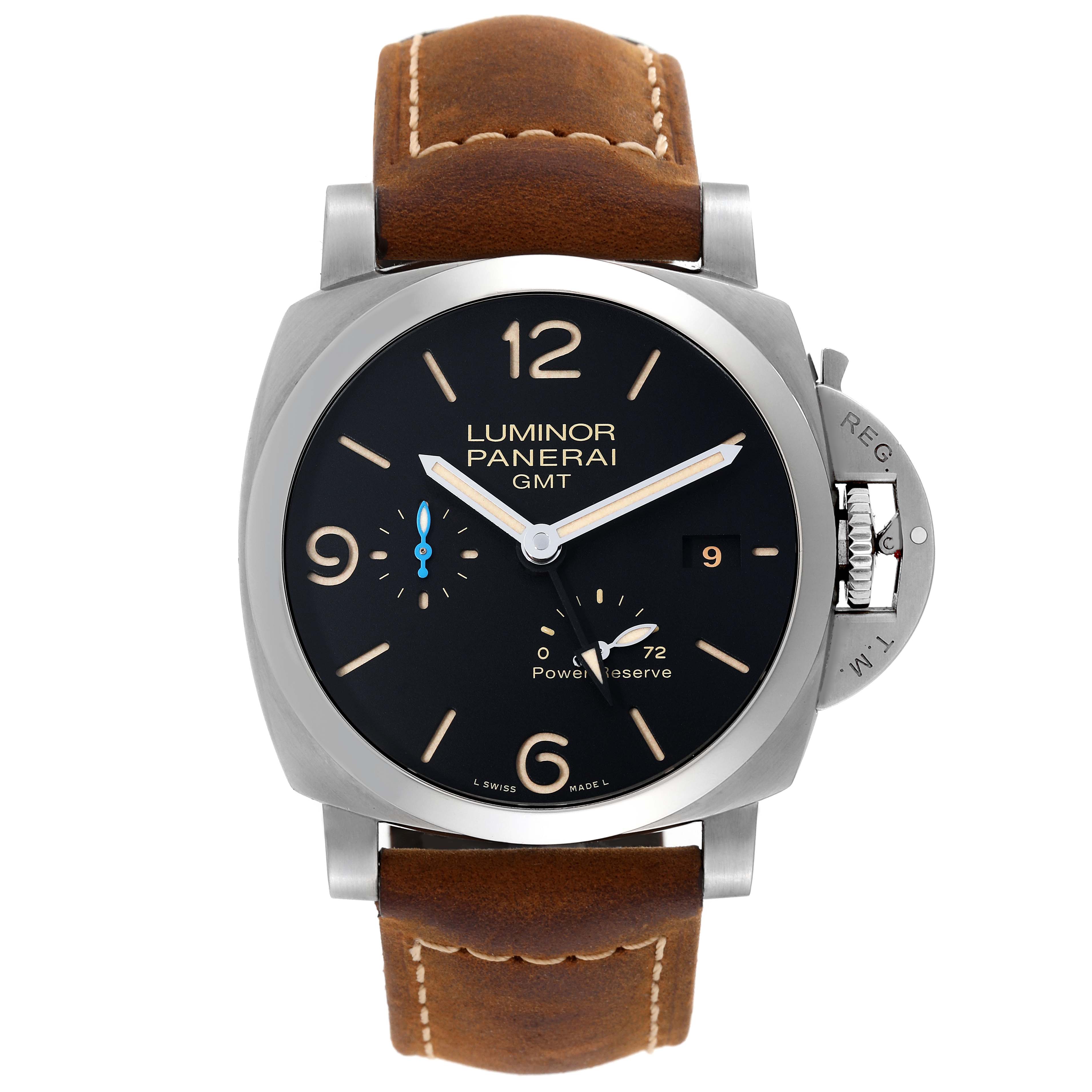 The image shows a Panerai Luminor PAM01321 Men
s Stainless Steel Black Dial PAM01321 Men
s Stainless Steel Black Dial GMT watch with a brown leather strap, viewed from the front displaying its dial and case.