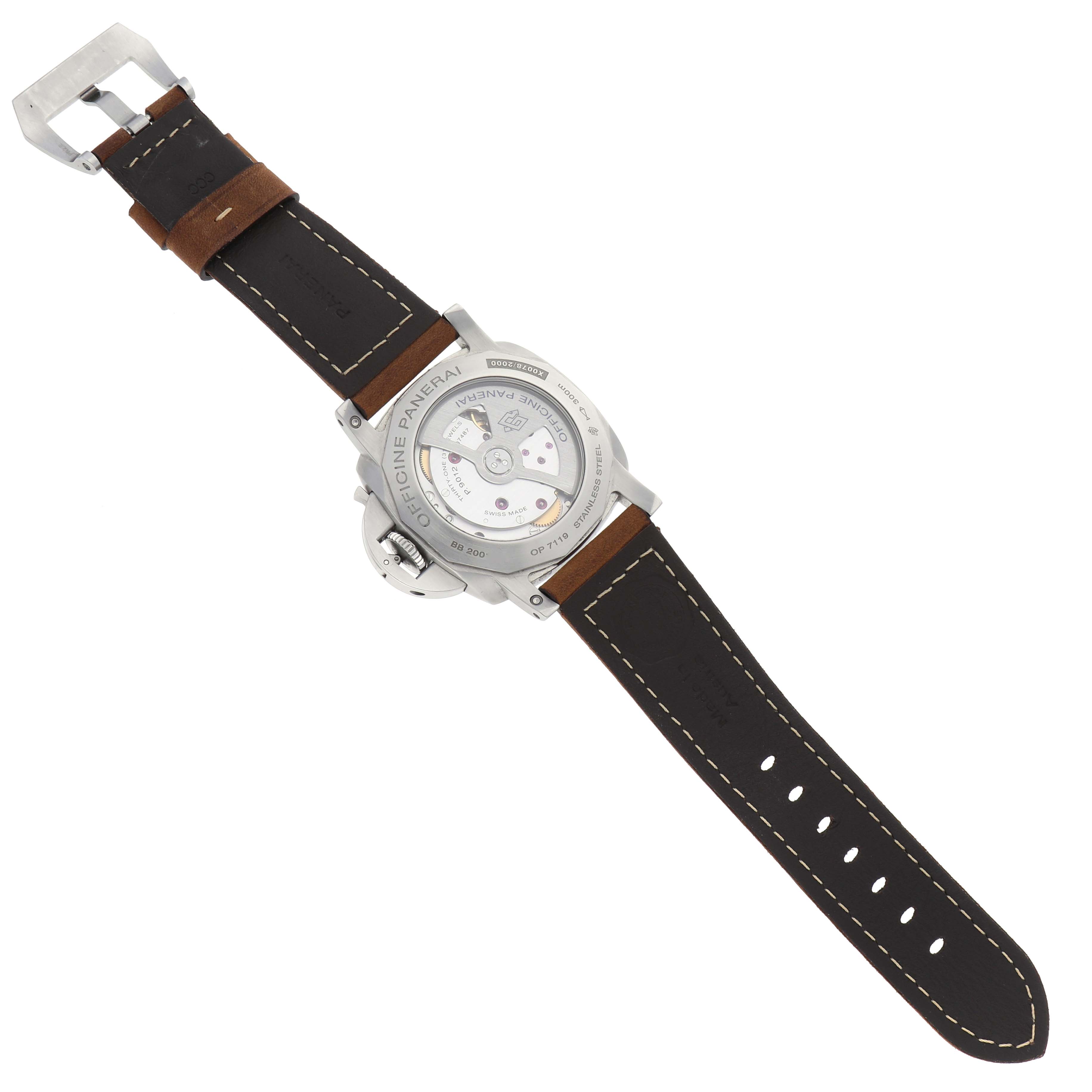 The image shows the back view of a Panerai Luminor PAM01321 Men
s Stainless Steel Black Dial PAM01321 Men
s Stainless Steel Black Dial watch, displaying the case back and leather strap.