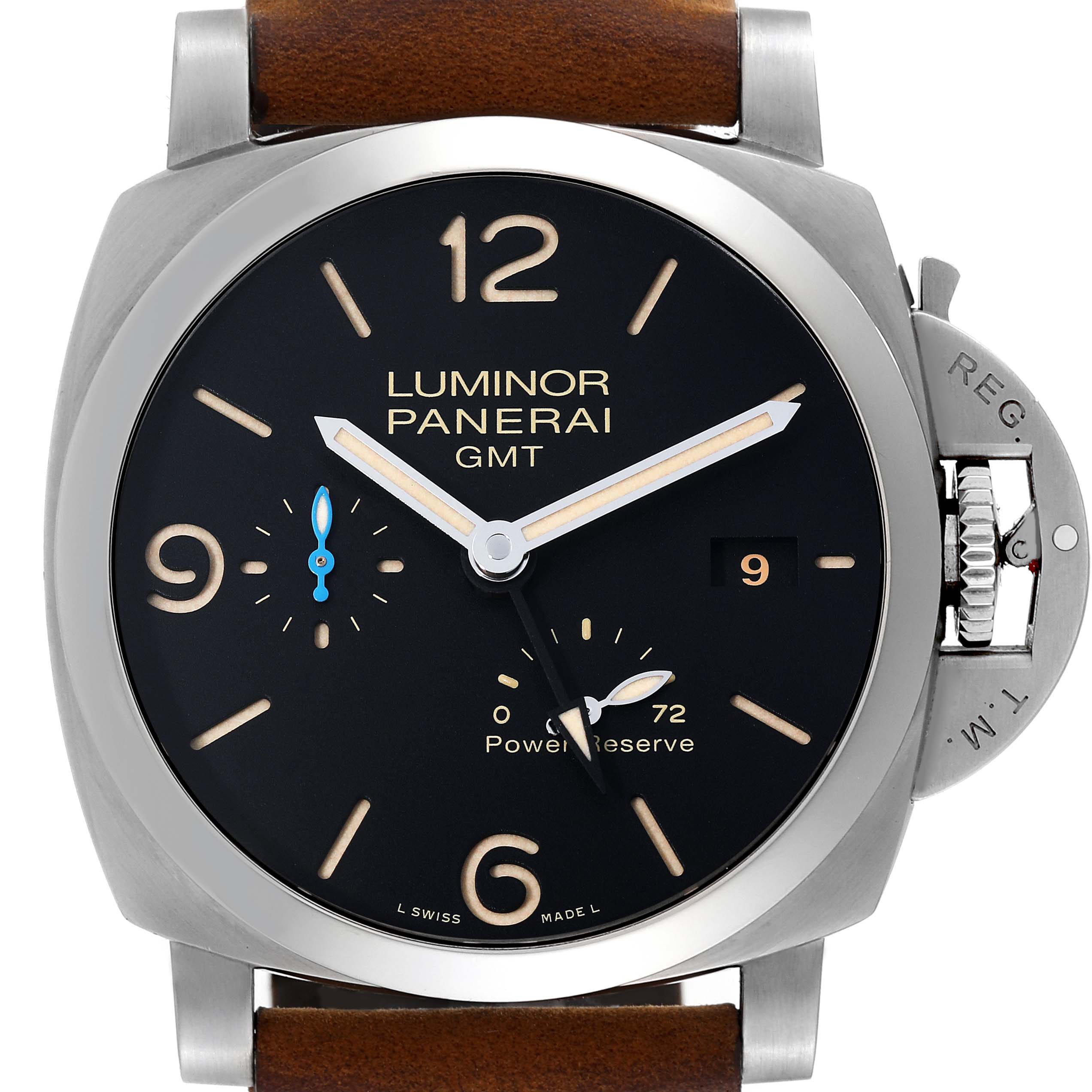 This image shows a frontal view of the Panerai Luminor PAM01321 Men
s Stainless Steel Black Dial PAM01321 Men
s Stainless Steel Black Dial GMT watch, displaying its dial, crown guard, and brown leather strap.
