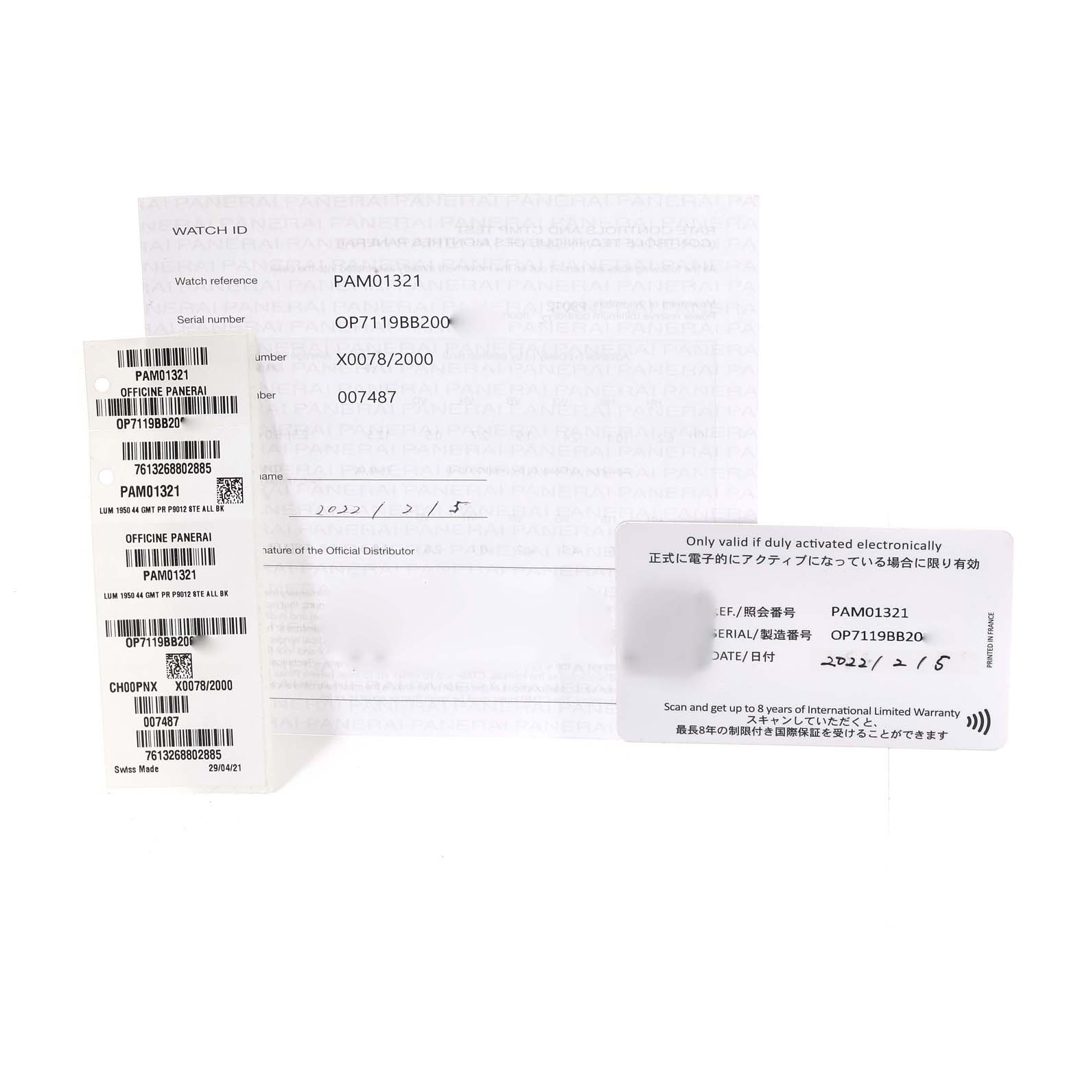 The image shows registration, warranty cards, and tags for a Panerai Luminor PAM01321 Men
s Stainless Steel Black Dial PAM01321 Men
s Stainless Steel Black Dial PAM01321 watch from various angles.