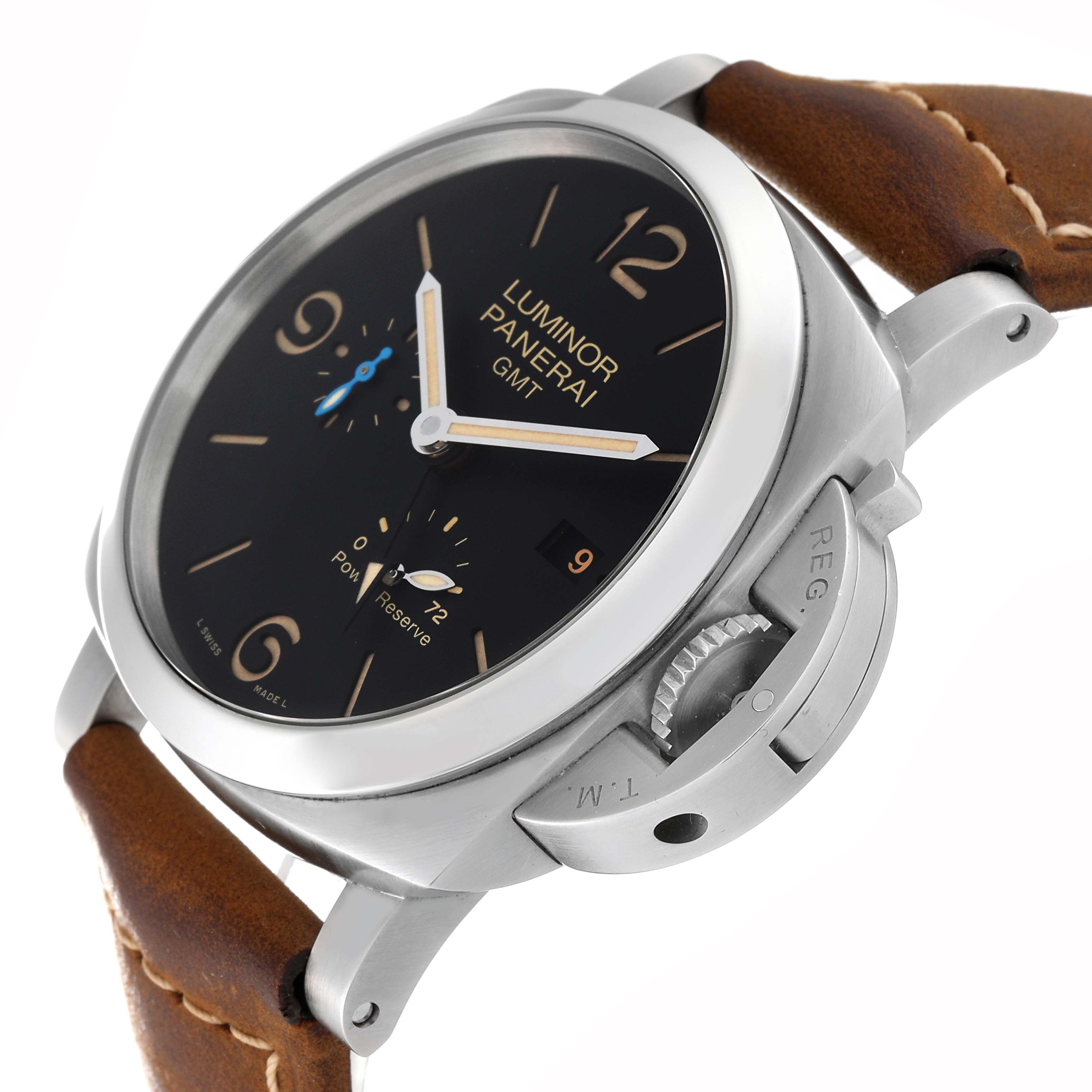 The image shows a close-up angle of the Panerai Luminor PAM01321 Men
s Stainless Steel Black Dial PAM01321 Men
s Stainless Steel Black Dial GMT watch, highlighting its dial, crown guard, and brown leather strap.
