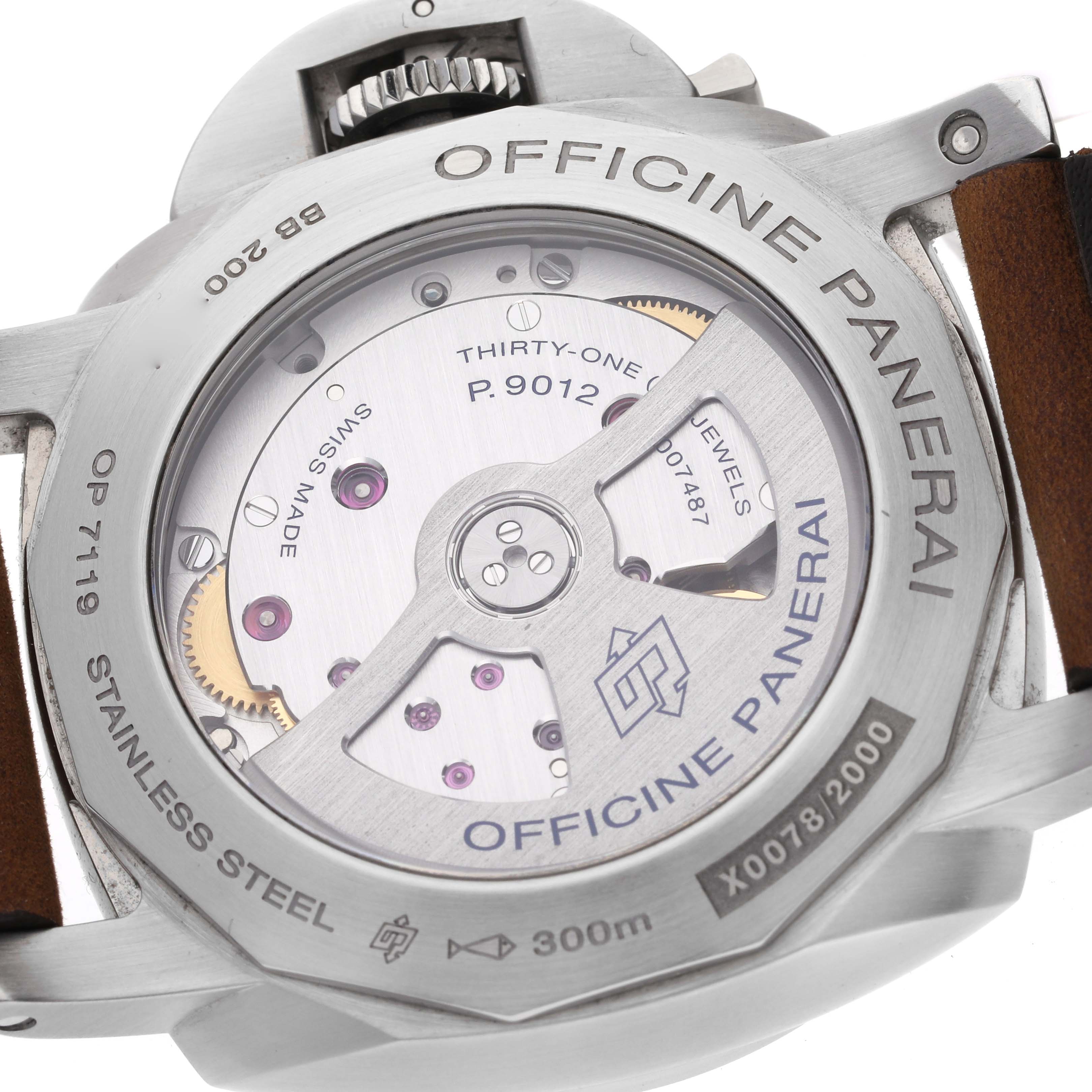 The image shows the back of the Panerai Luminor PAM01321 Men
s Stainless Steel Black Dial PAM01321 Men
s Stainless Steel Black Dial watch, displaying its movement and inscriptions.