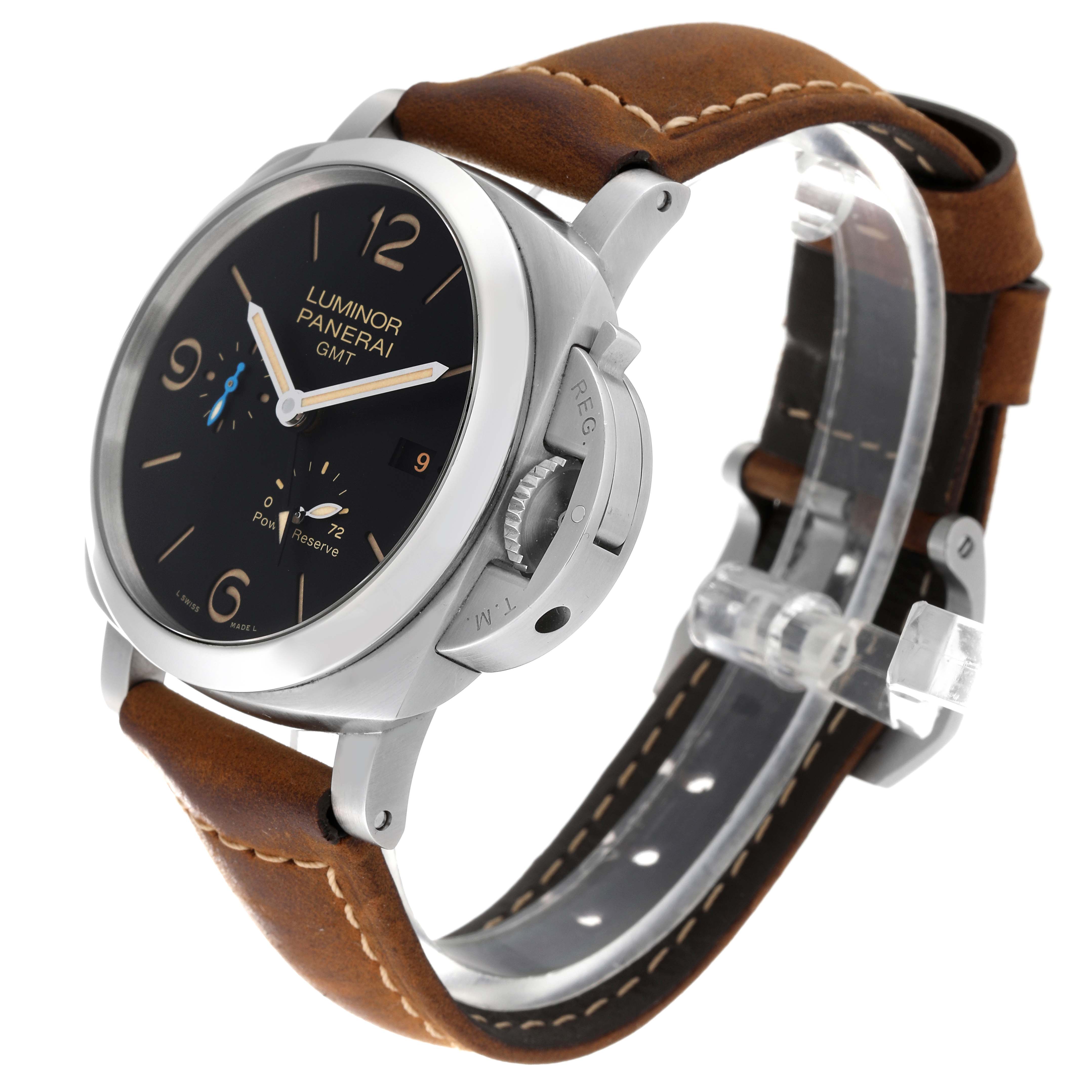 The Panerai Luminor PAM01321 Men
s Stainless Steel Black Dial PAM01321 Men
s Stainless Steel Black Dial watch is shown at a three-quarter angle, featuring its brown leather strap and black dial with a silver case.