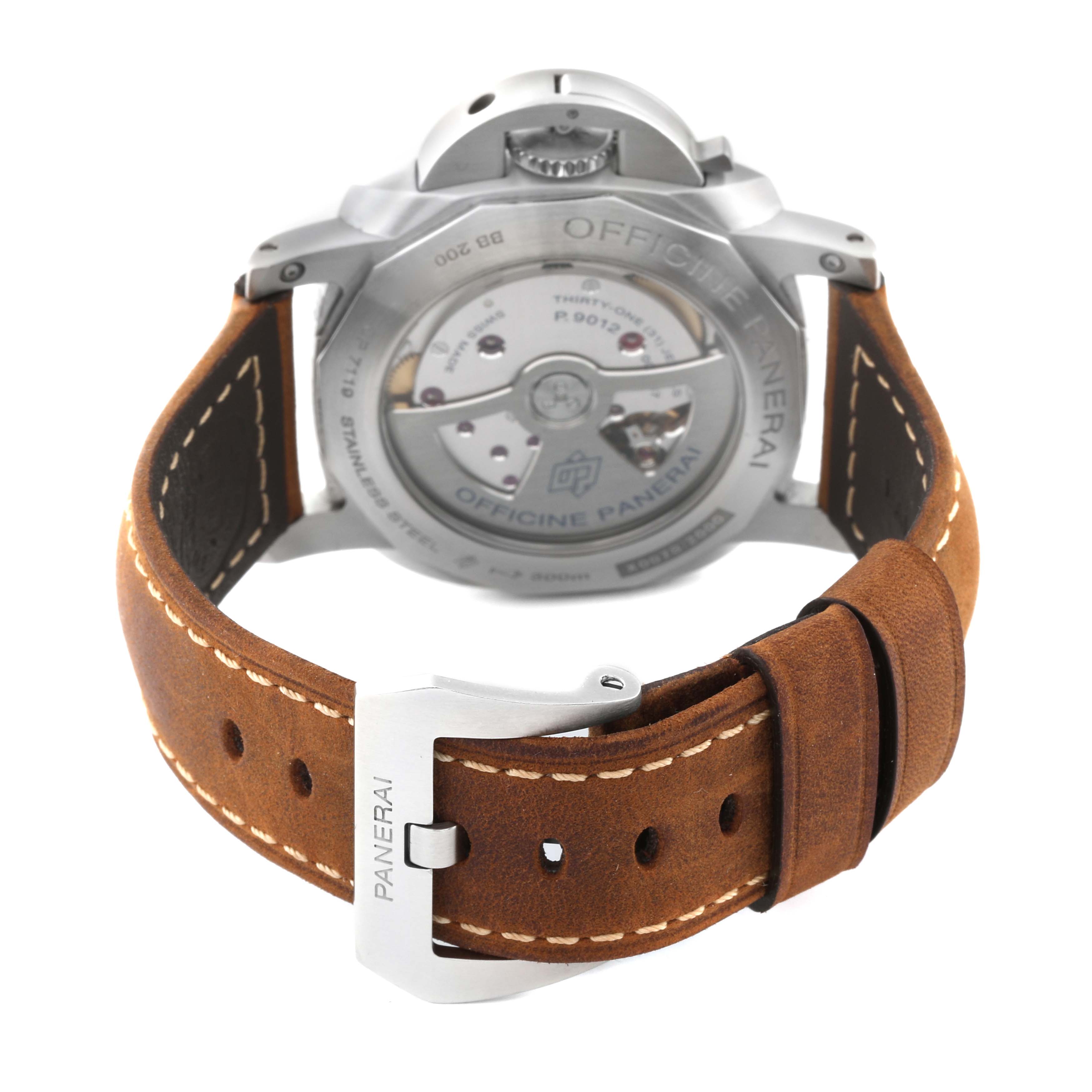 This image shows the back of a Panerai Luminor PAM01321 Men
s Stainless Steel Black Dial PAM01321 Men
s Stainless Steel Black Dial watch, highlighting the case back, movement, and leather strap with buckle.