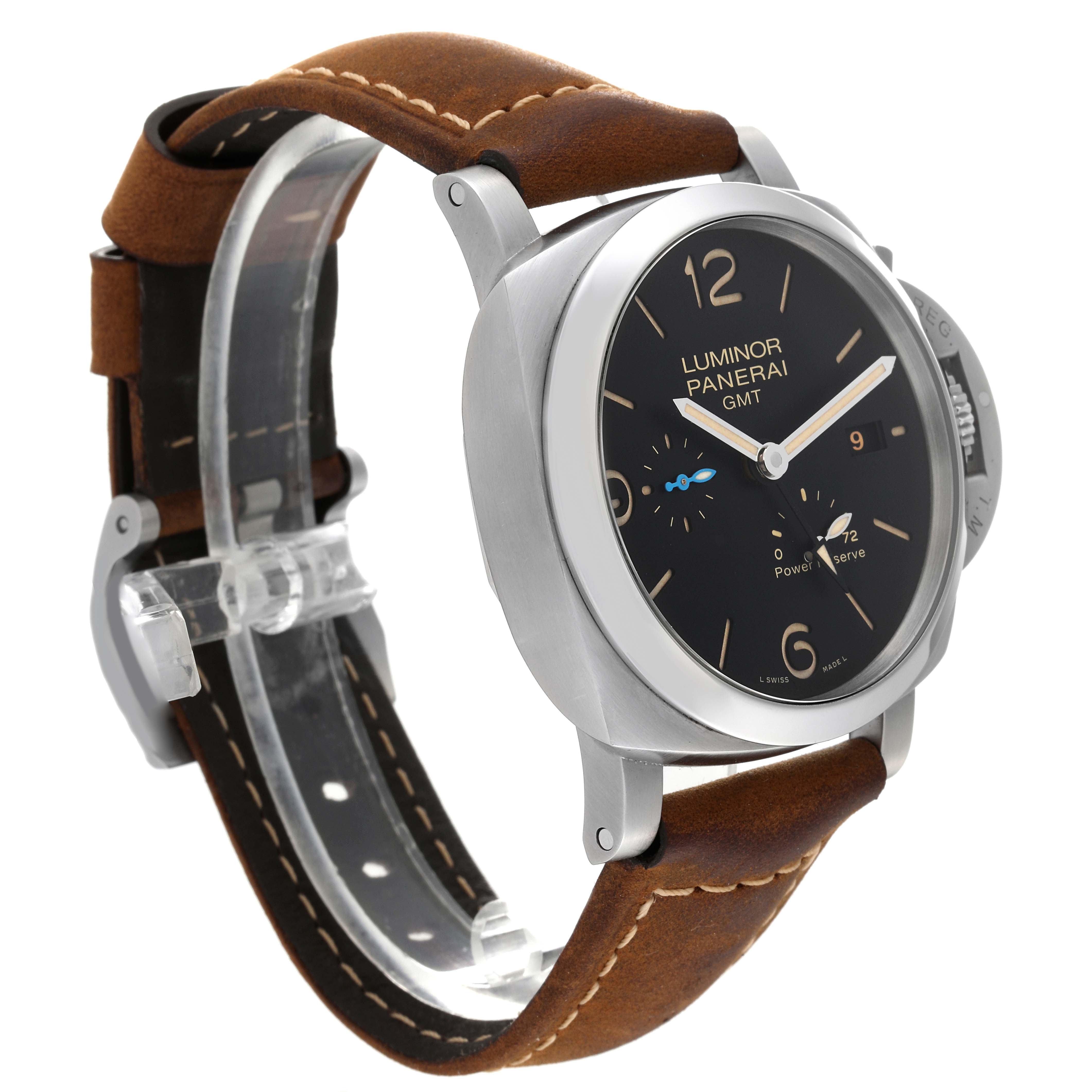 This Panerai Luminor PAM01321 Men
s Stainless Steel Black Dial PAM01321 Men
s Stainless Steel Black Dial watch is shown at an angle displaying its face, case, and leather strap.