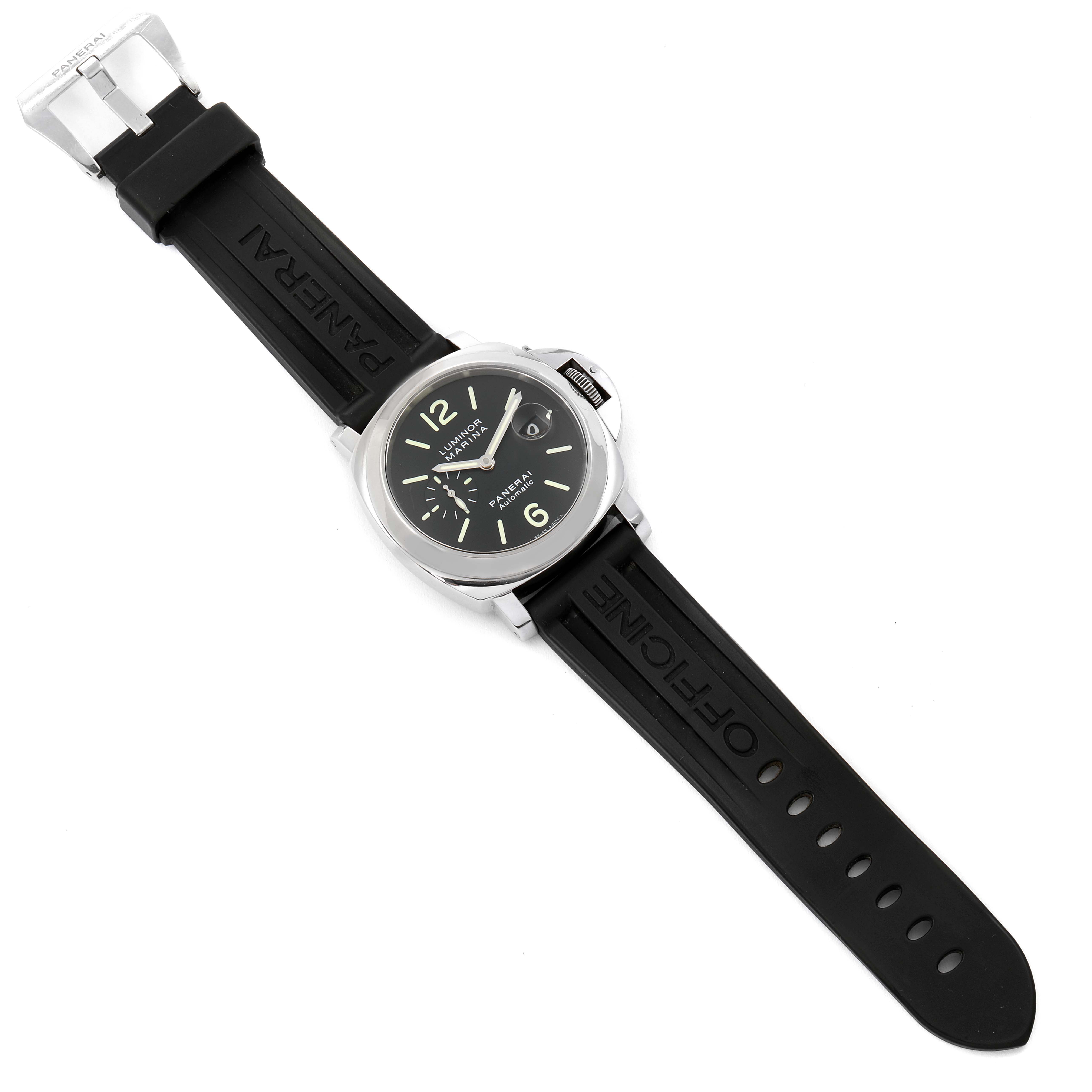 The image shows a top view of a Luminor model watch by Panerai, featuring a black rubber strap and a black dial.