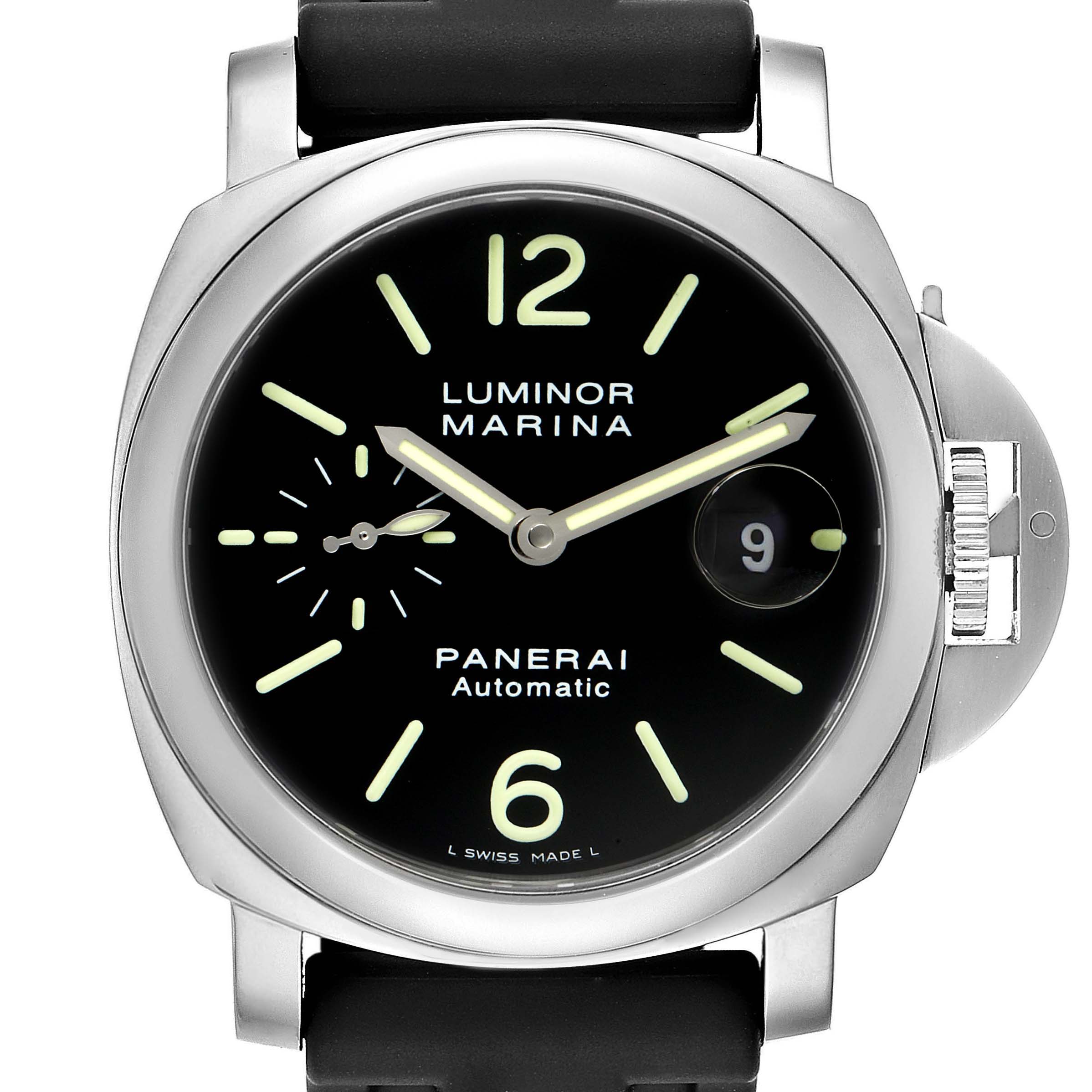 The image shows a front view of a Panerai Luminor PAM00104 Men's Stainless Steel Black Dial PAM00104 Men's Stainless Steel Black Dial Marina watch, highlighting the dial, hands, date display, and crown guard.