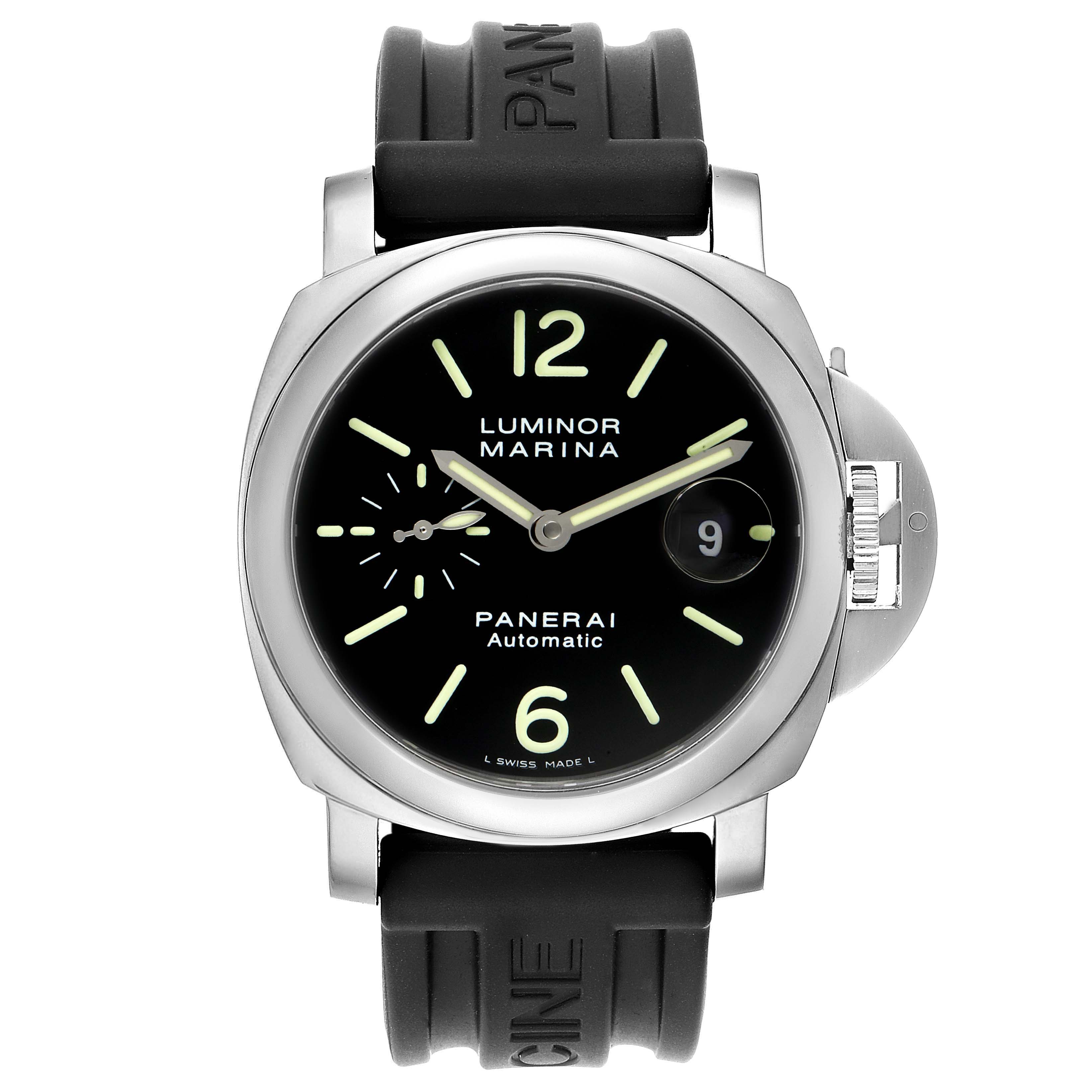 This Panerai Luminor PAM00104 Men's Stainless Steel Black Dial PAM00104 Men's Stainless Steel Black Dial watch is shown from a top view, highlighting its black dial, rubber strap, and distinctive crown guard.