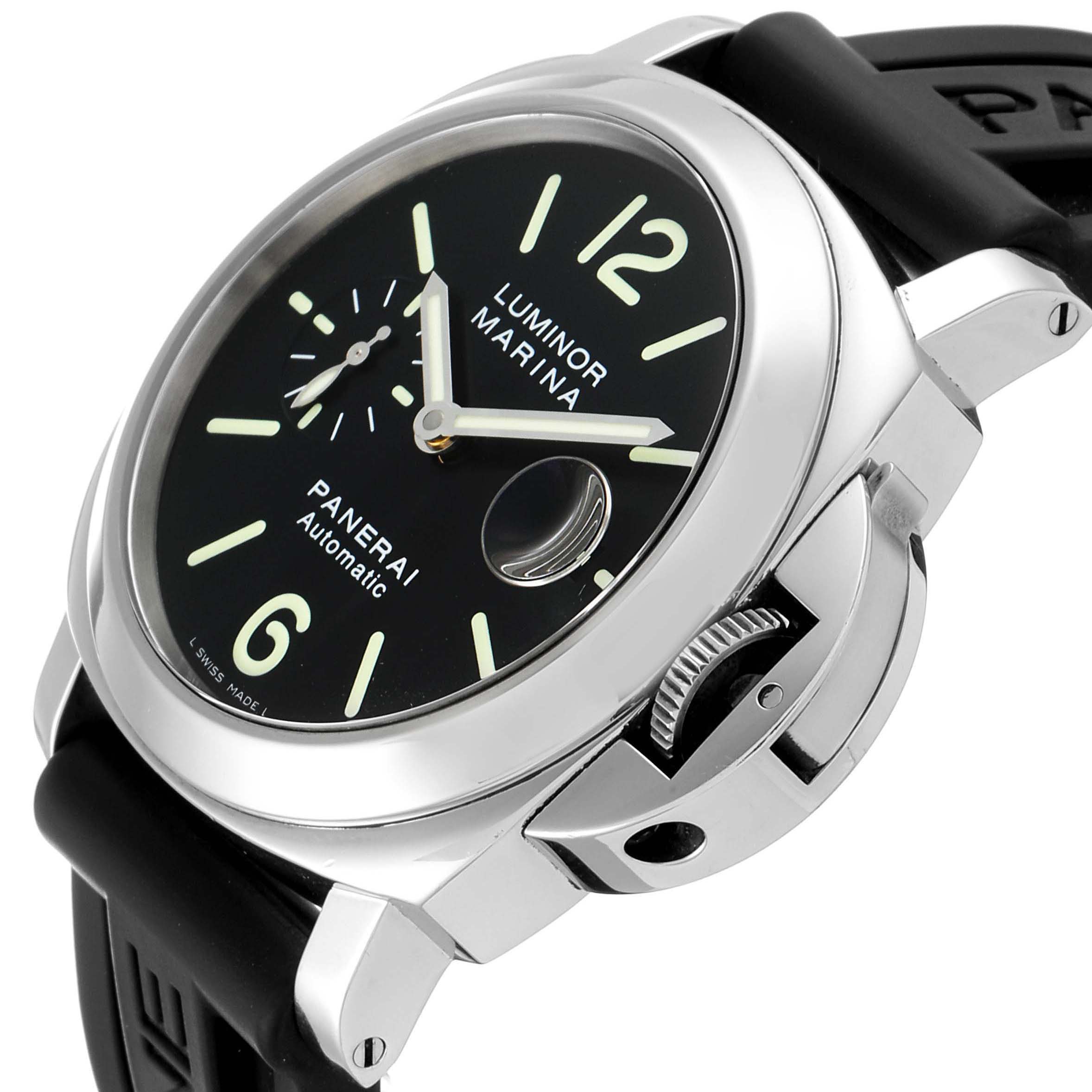 The image shows a side angle of the Panerai Luminor PAM00104 Men's Stainless Steel Black Dial PAM00104 Men's Stainless Steel Black Dial Marina, highlighting its case, dial, crown guard, and black strap.