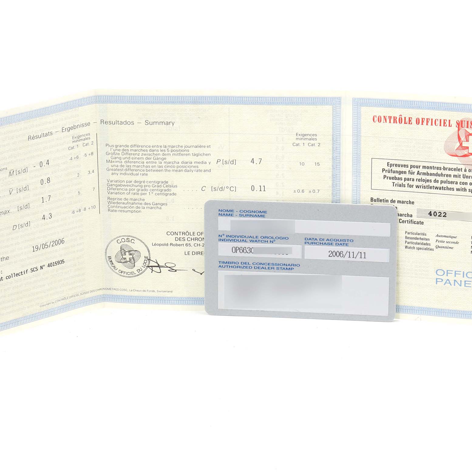 This image shows documentation and a certificate for a Panerai Luminor PAM00104 Men's Stainless Steel Black Dial PAM00104 Men's Stainless Steel Black Dial watch, including a purchase date card.