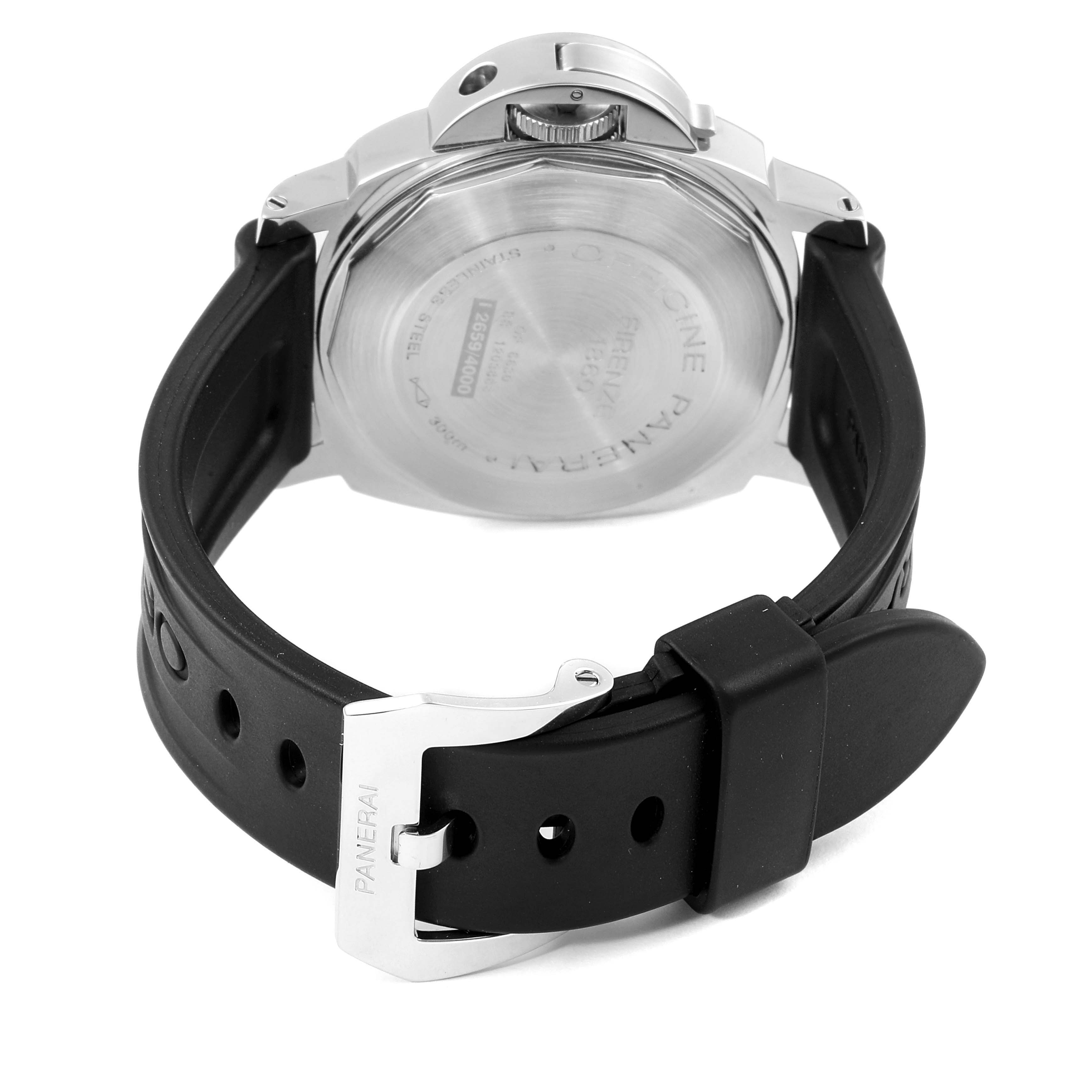 The image shows the back view of a Panerai Luminor PAM00104 Men's Stainless Steel Black Dial PAM00104 Men's Stainless Steel Black Dial watch, highlighting the case back and rubber strap with a buckle clasp.
