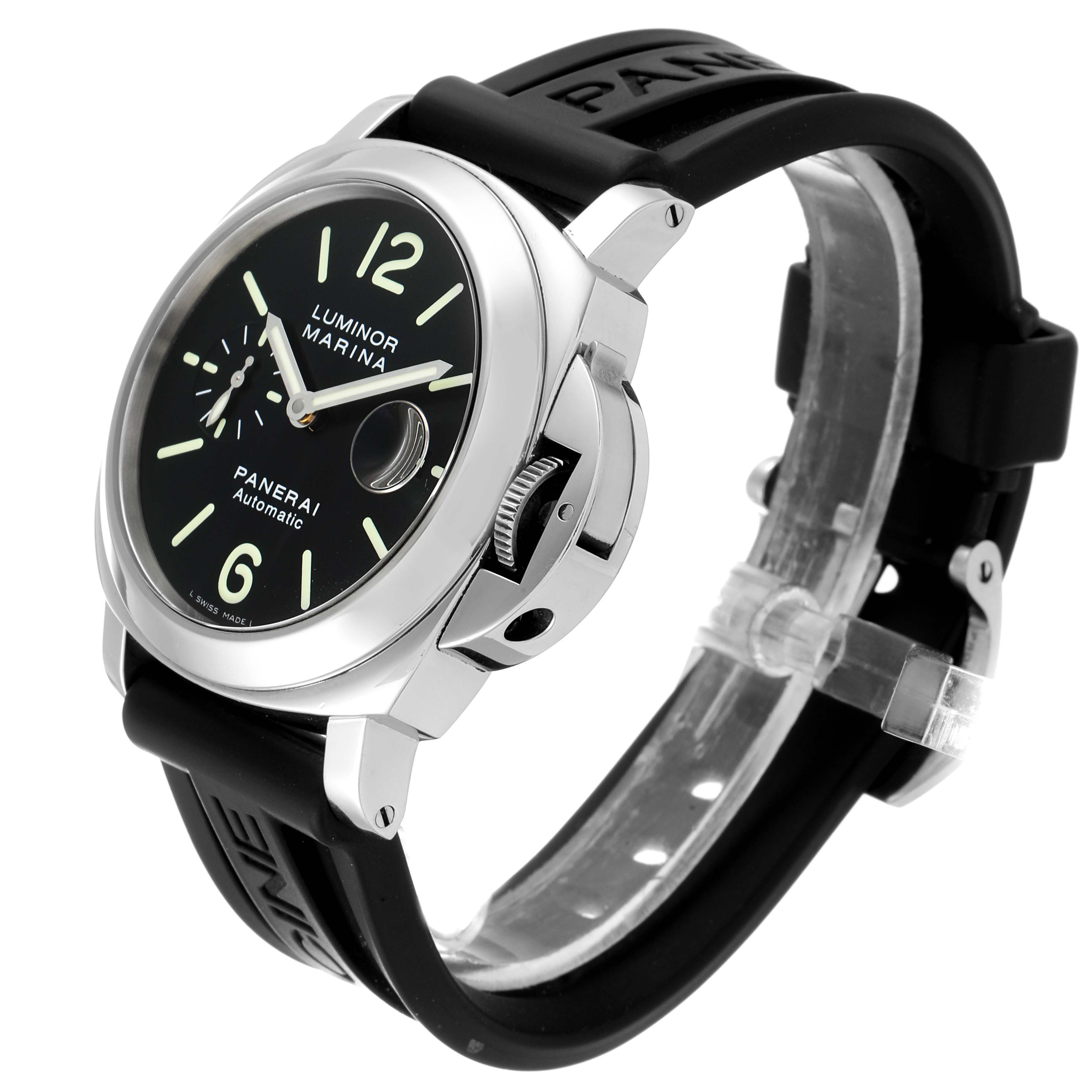 This Panerai Luminor PAM00104 Men's Stainless Steel Black Dial PAM00104 Men's Stainless Steel Black Dial watch is shown from a three-quarter angle, highlighting the dial, crown guard, and rubber strap.