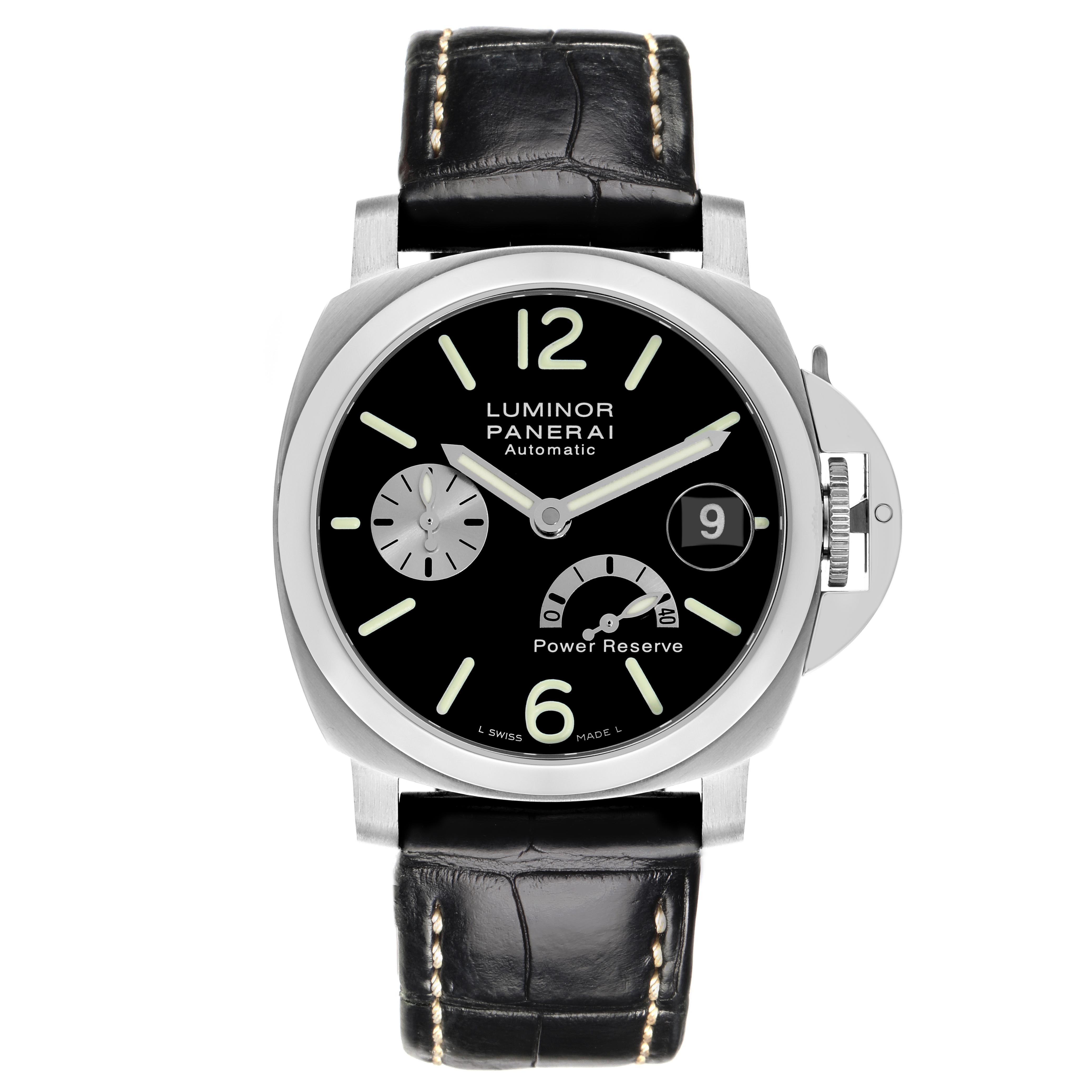 The Panerai Luminor PAM00125 Men's Stainless Steel Black Dial PAM00125 Men's Stainless Steel Black Dial watch is shown from a front angle, highlighting its black dial, power reserve indicator, and crown guard.