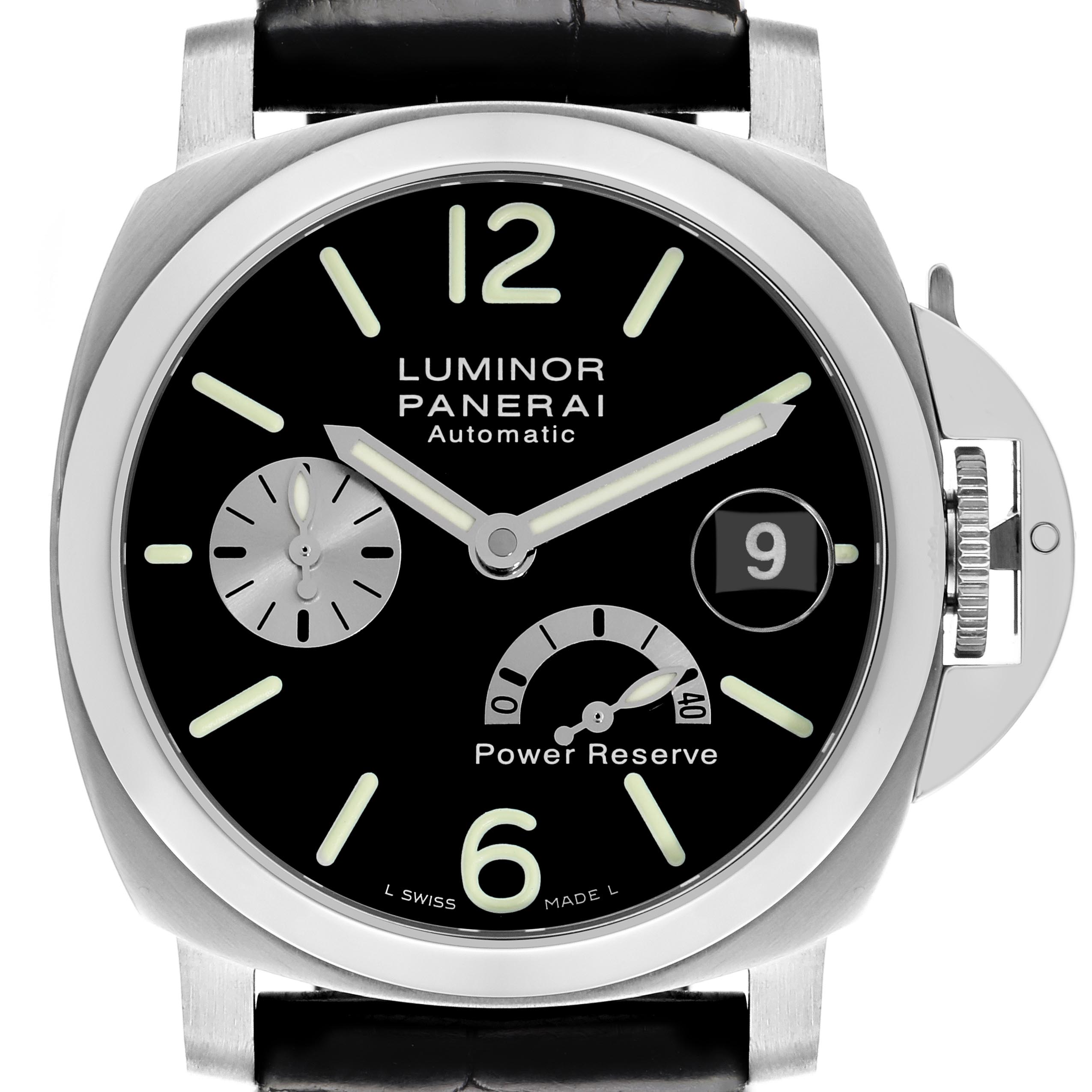 The image shows a front view of a Panerai Luminor PAM00125 Men's Stainless Steel Black Dial PAM00125 Men's Stainless Steel Black Dial watch, highlighting the dial, indices, date window, and crown guard.
