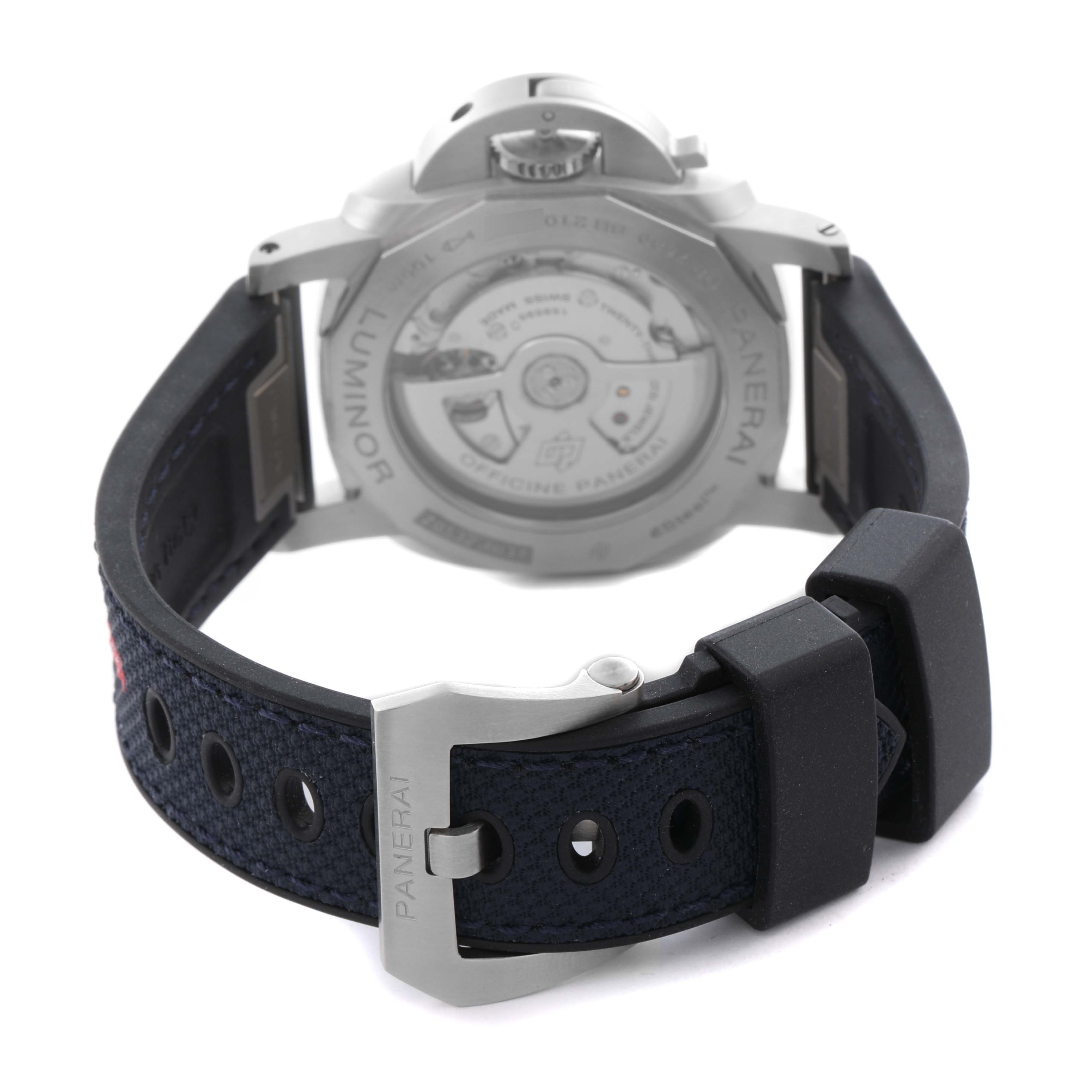 The image shows the back of the Panerai Luminor PAM01404 Men
s Stainless Steel Blue Dial PAM01404 Men
s Stainless Steel Blue Dial watch, highlighting the buckle and movement through the transparent case back.