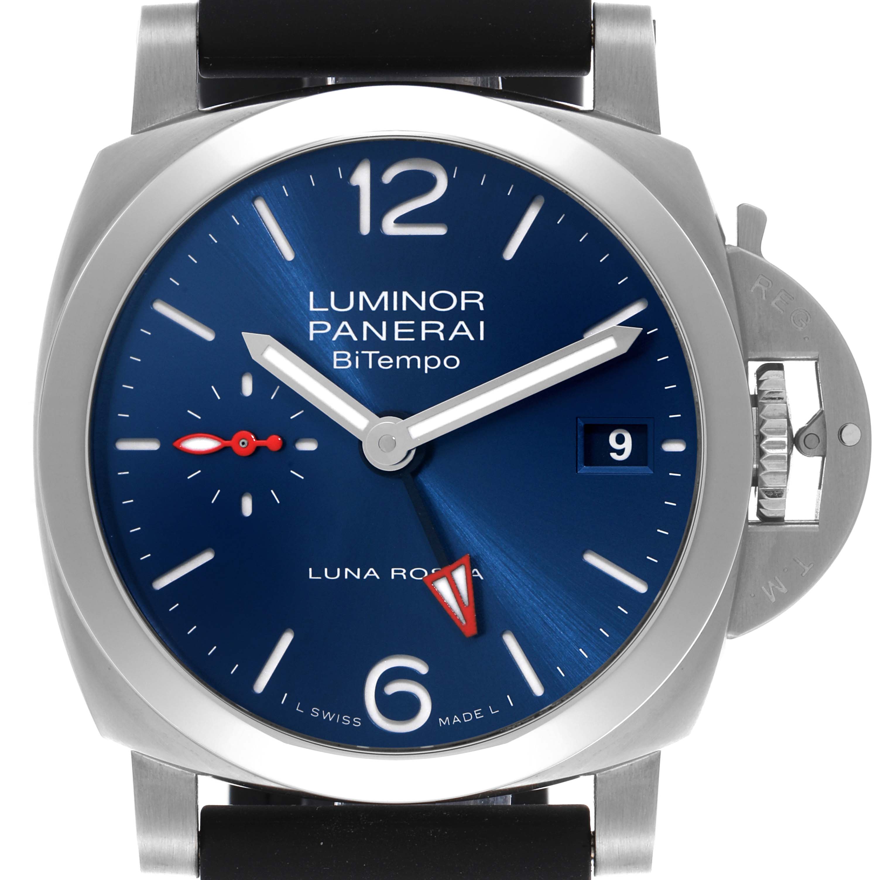 The image shows a front view of a Panerai Luminor PAM01404 Men
s Stainless Steel Blue Dial PAM01404 Men
s Stainless Steel Blue Dial watch, highlighting the blue dial and crown guard.