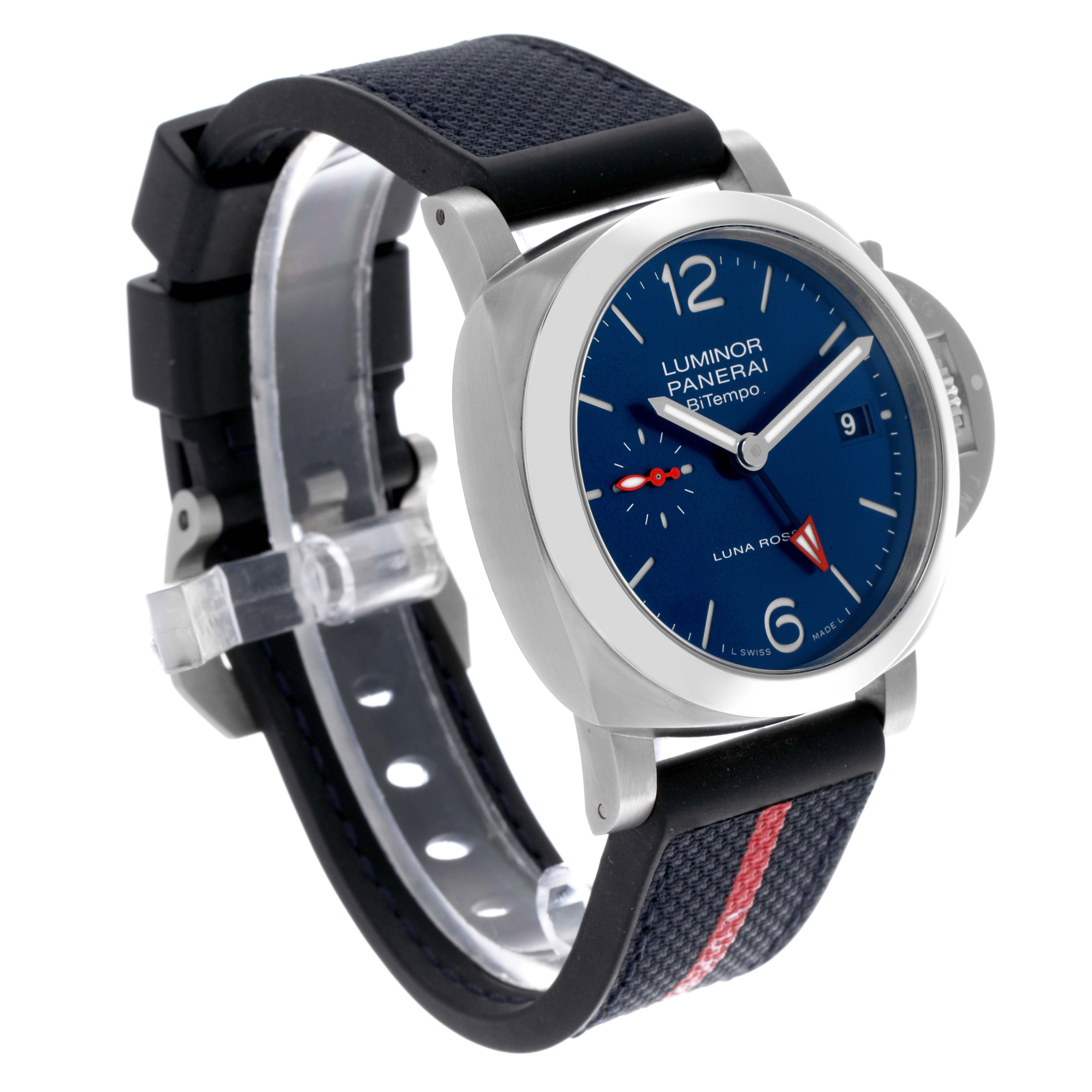 The Panerai Luminor PAM01404 Men
s Stainless Steel Blue Dial PAM01404 Men
s Stainless Steel Blue Dial watch is shown at a three-quarter angle, displaying its face, crown guard, and strap.