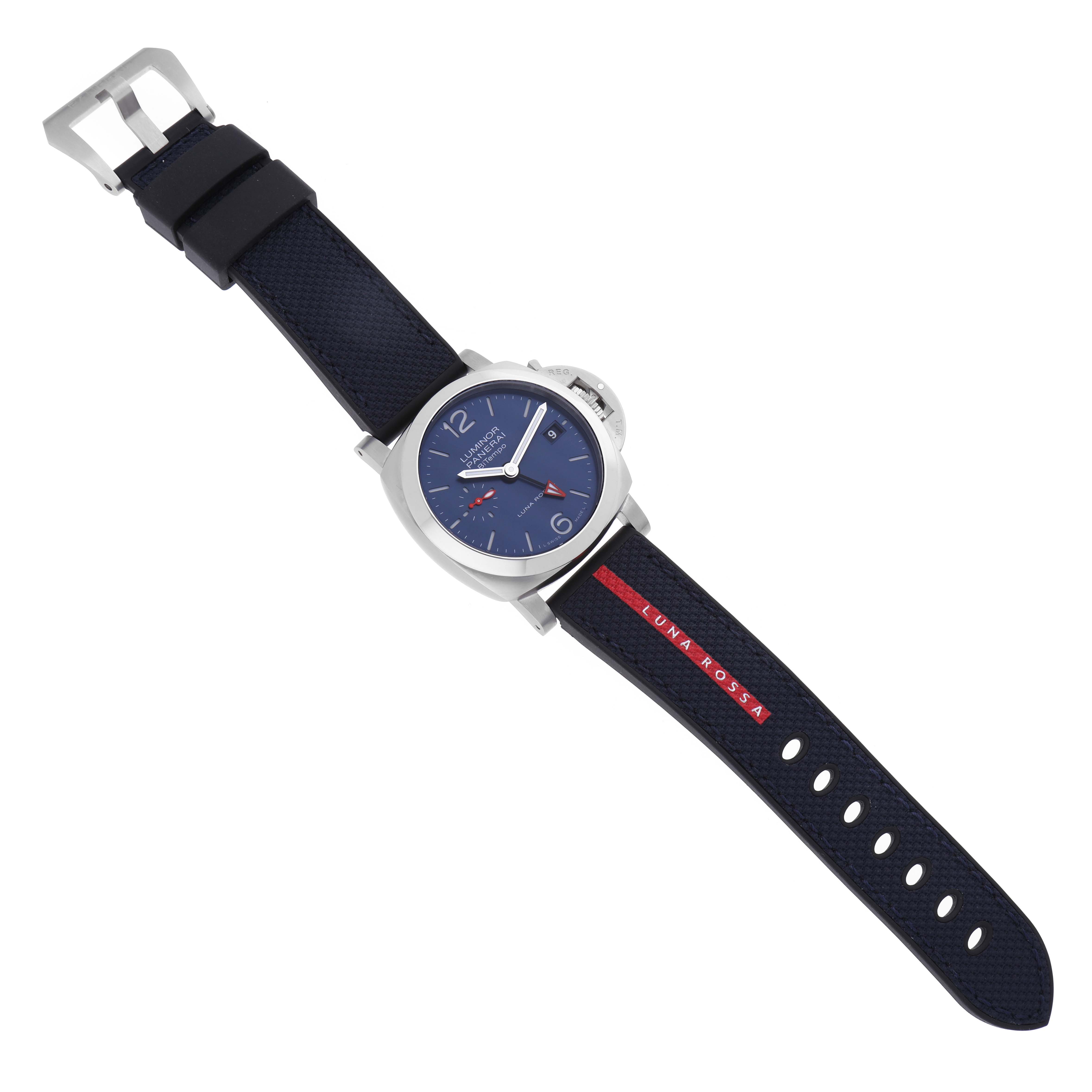 The image shows a Panerai Luminor PAM01404 Men
s Stainless Steel Blue Dial PAM01404 Men
s Stainless Steel Blue Dial model watch from a top-down angle, displaying the face, strap, and buckle.