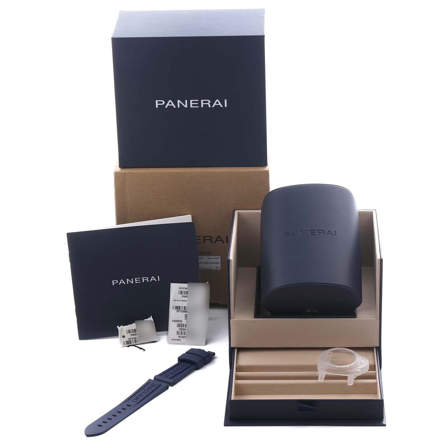 The image shows a Panerai Luminor PAM01404 Men
s Stainless Steel Blue Dial PAM01404 Men
s Stainless Steel Blue Dial watch box set including a watch strap, case, and documentation, viewed from a front angle.