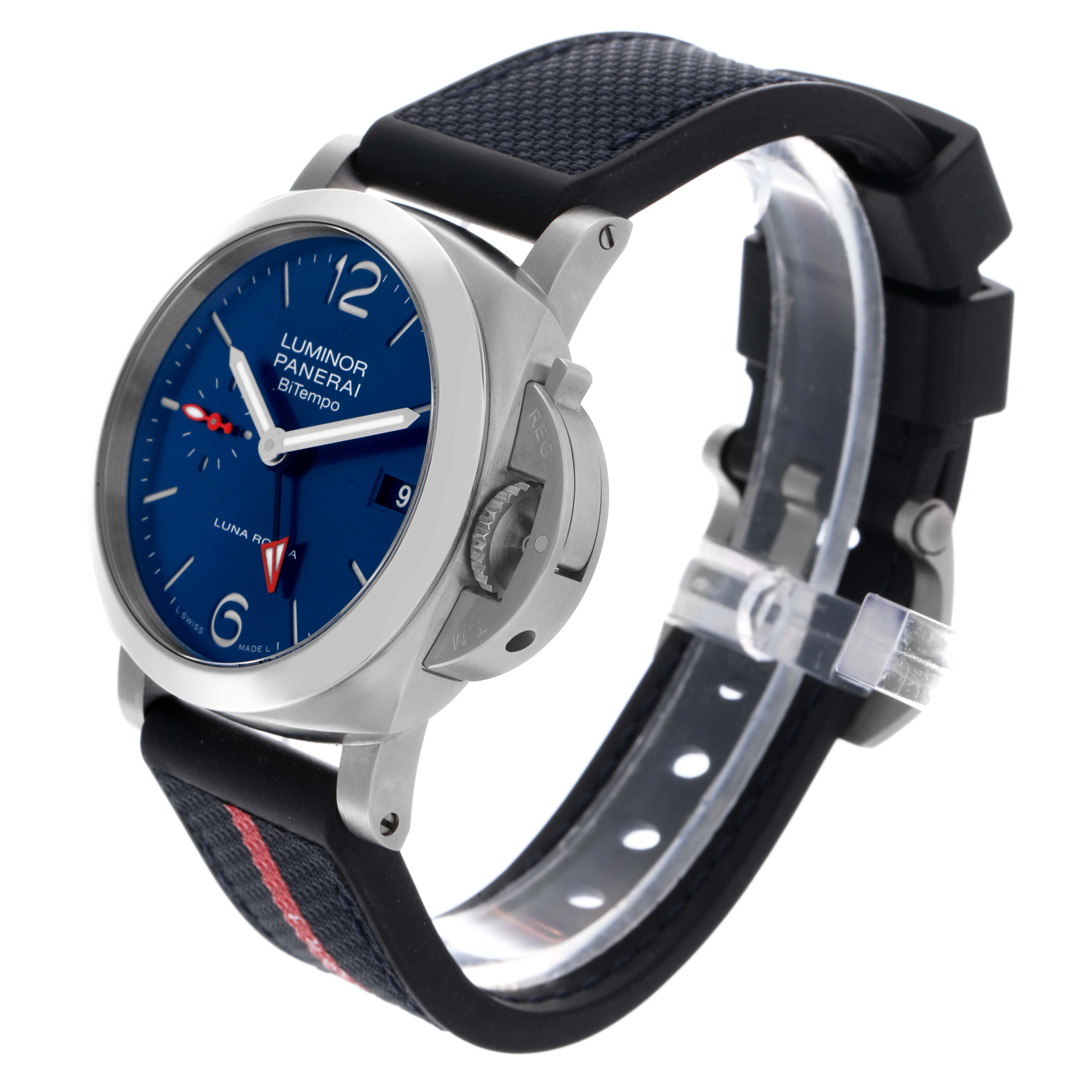 The Panerai Luminor PAM01404 Men
s Stainless Steel Blue Dial PAM01404 Men
s Stainless Steel Blue Dial watch is shown from a three-quarter angle, highlighting its face, case, crown guard, and strap.