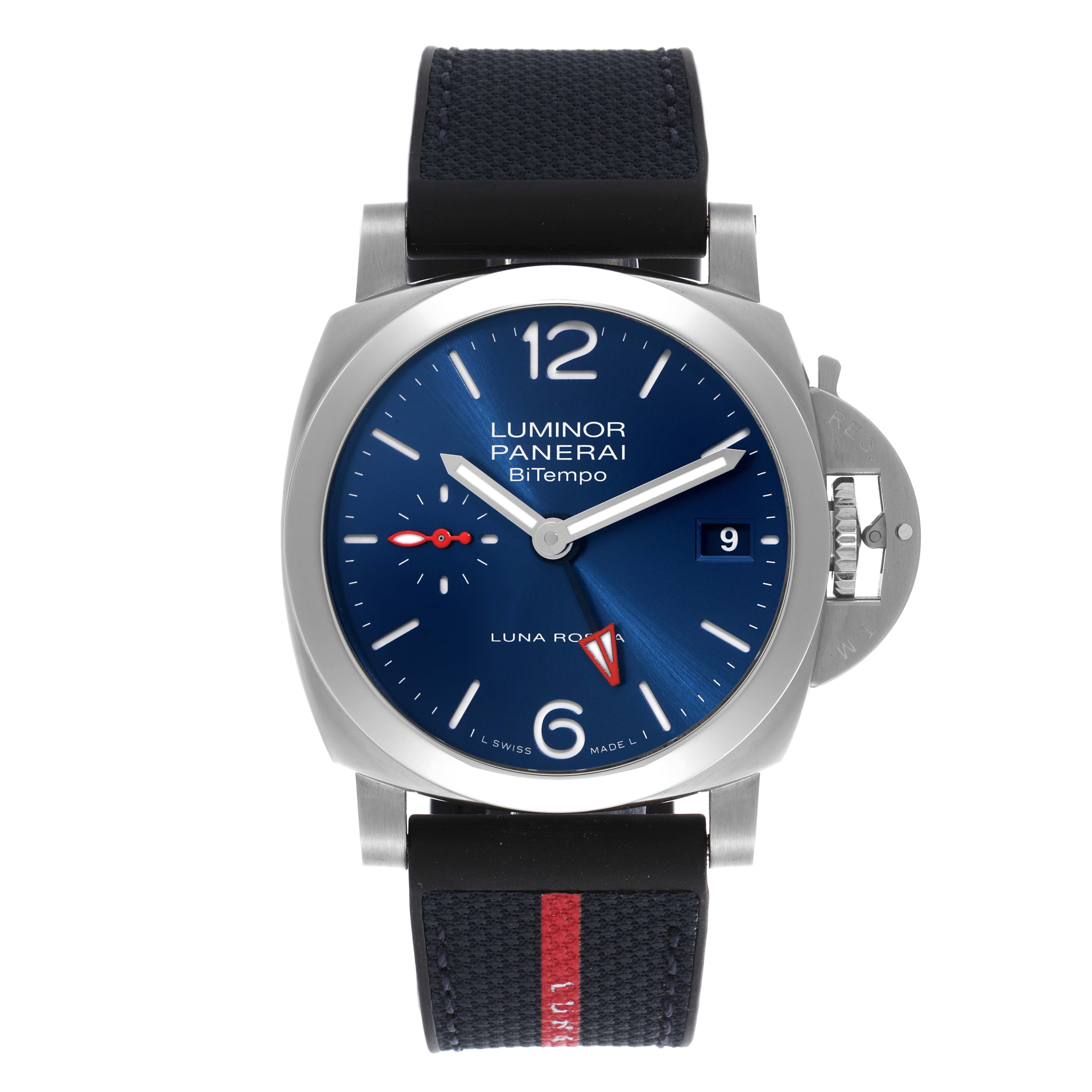 The Panerai Luminor PAM01404 Men
s Stainless Steel Blue Dial PAM01404 Men
s Stainless Steel Blue Dial watch is shown from the front with a blue dial and a black strap.