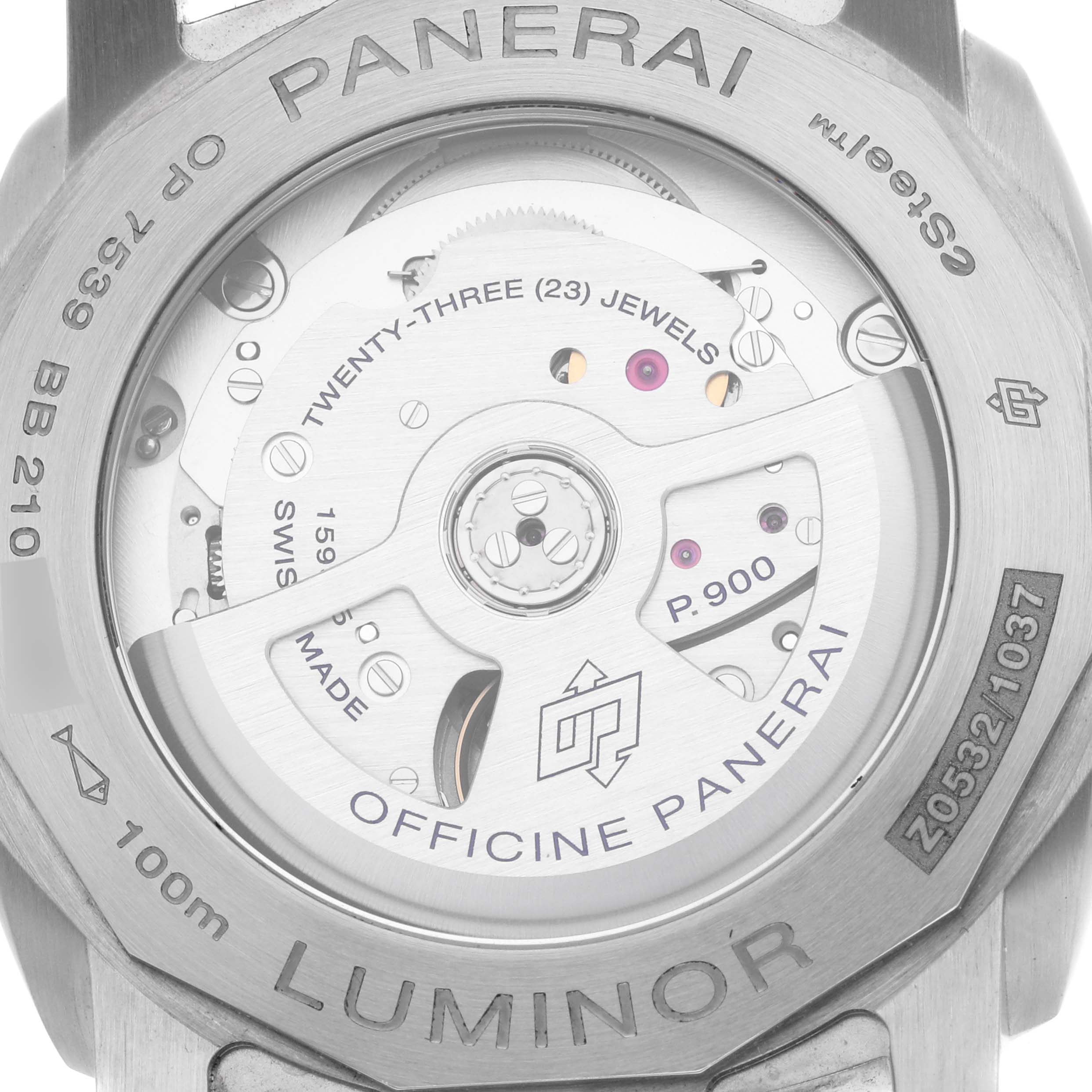The image shows the back of a Panerai Luminor PAM01404 Men
s Stainless Steel Blue Dial PAM01404 Men
s Stainless Steel Blue Dial watch, highlighting its movement and engravings.