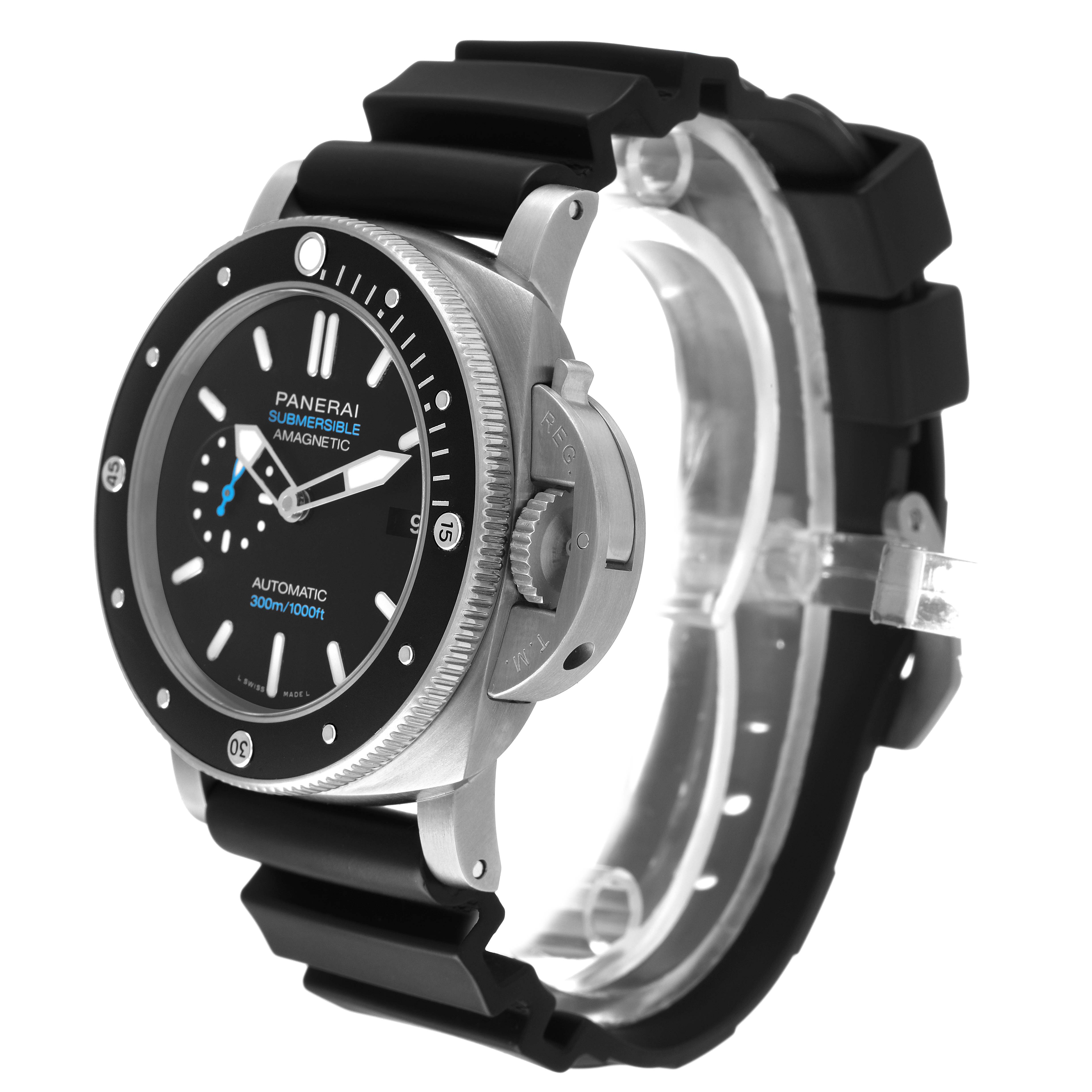 The Panerai Submersible PAM01389 Men's Titanium Black Dial is shown at a 3/4 angle highlighting the bezel, dial, crown, and rubber strap.