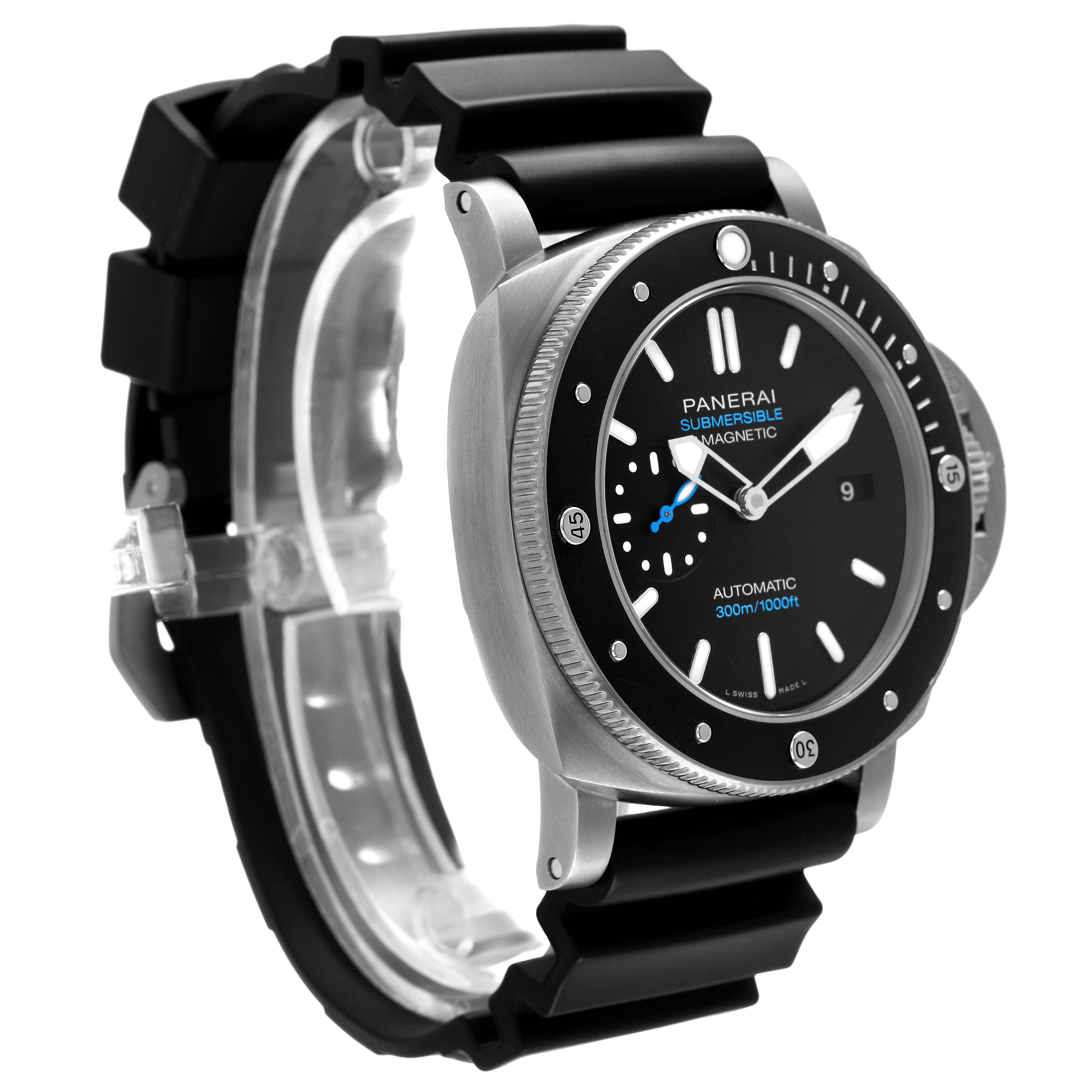 The Panerai Submersible PAM01389 Men's Titanium Black Dial watch is shown from a front-side angle, highlighting the case, bezel, black dial, and strap.