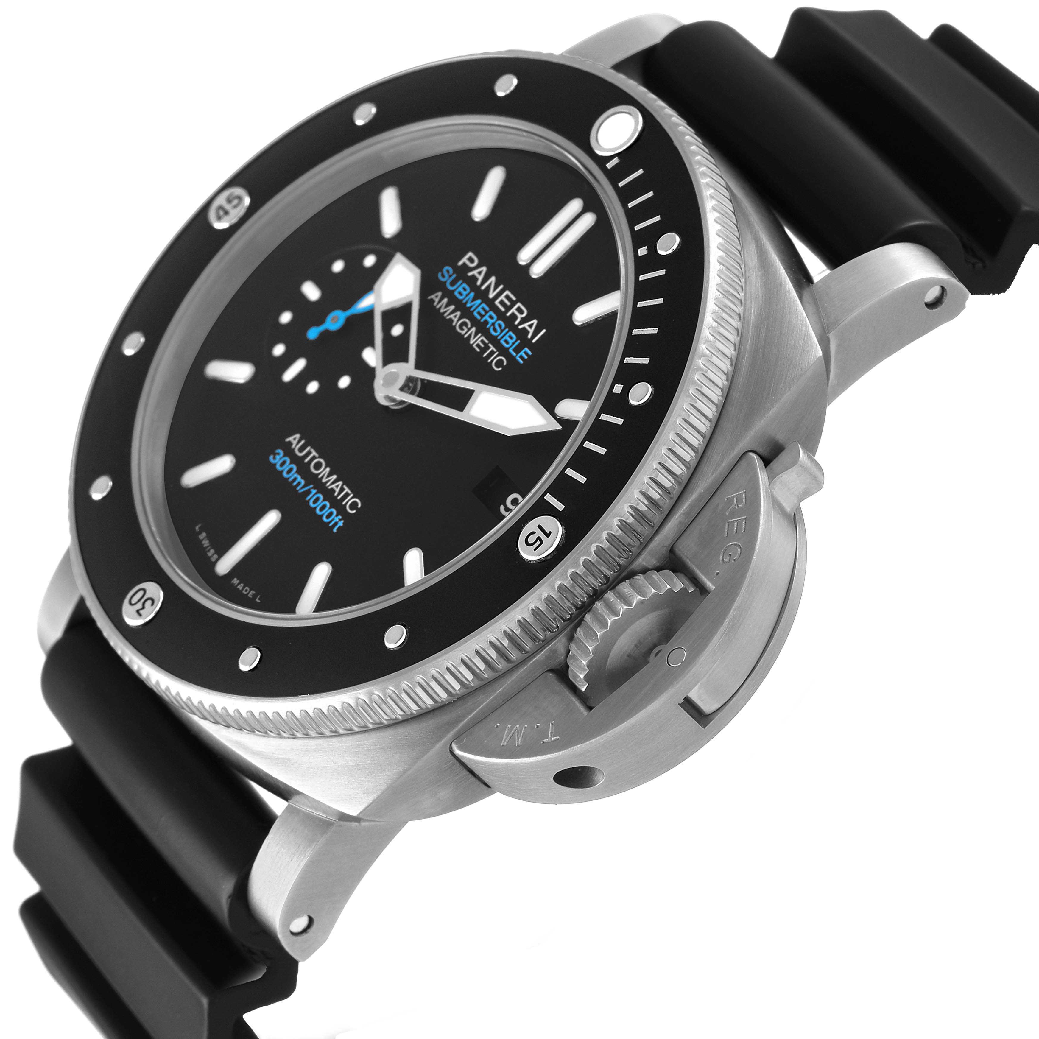 The Panerai Submersible PAM01389 Men's Titanium Black Dial watch is shown from an angled side view, highlighting the bezel, crown guard, and strap.