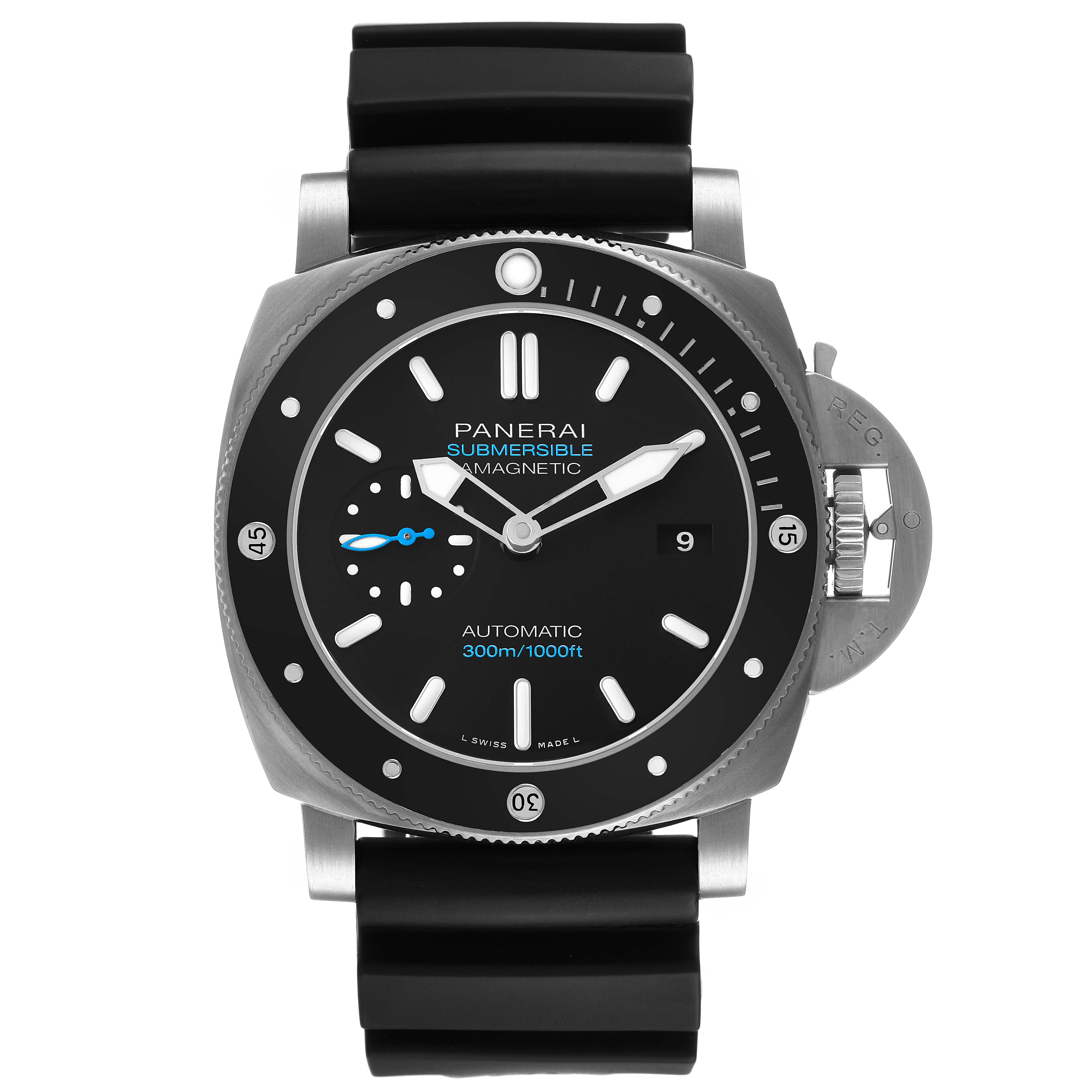 The Panerai Submersible PAM01389 Men's Titanium Black Dial watch is shown from a front angle, displaying the dial, bezel, crown guard, and strap.