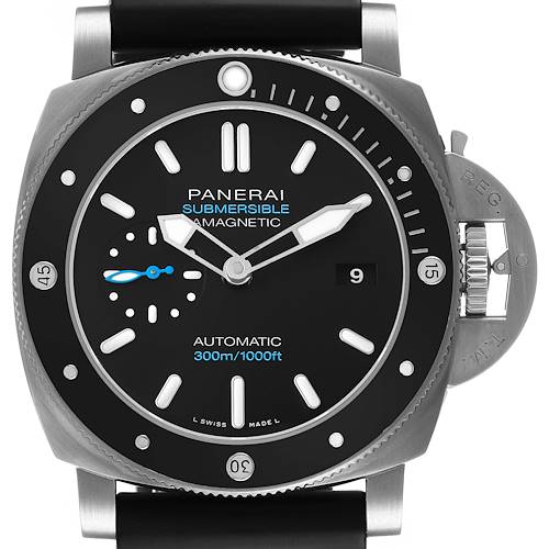 The image shows a front view of the Panerai Submersible PAM01389 Men's Titanium Black Dial watch, highlighting the dial, hands, markers, date window, and crown guard.