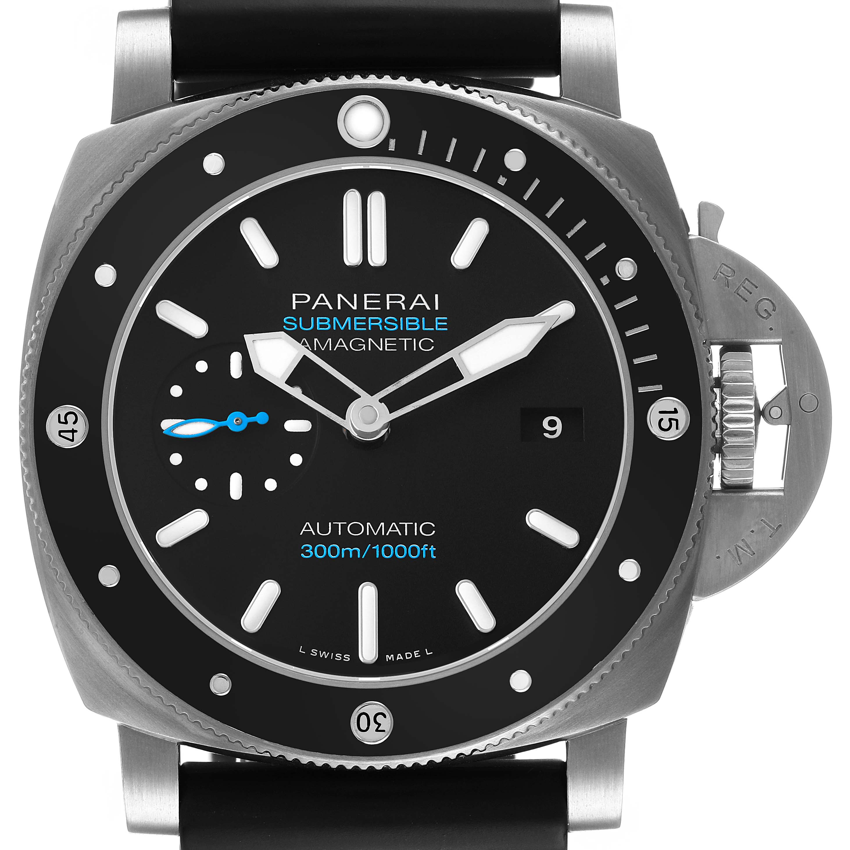The Panerai Submersible PAM01389 Men's Titanium Black Dial watch is shown from a front angle, highlighting the dial, bezel, and crown guard.