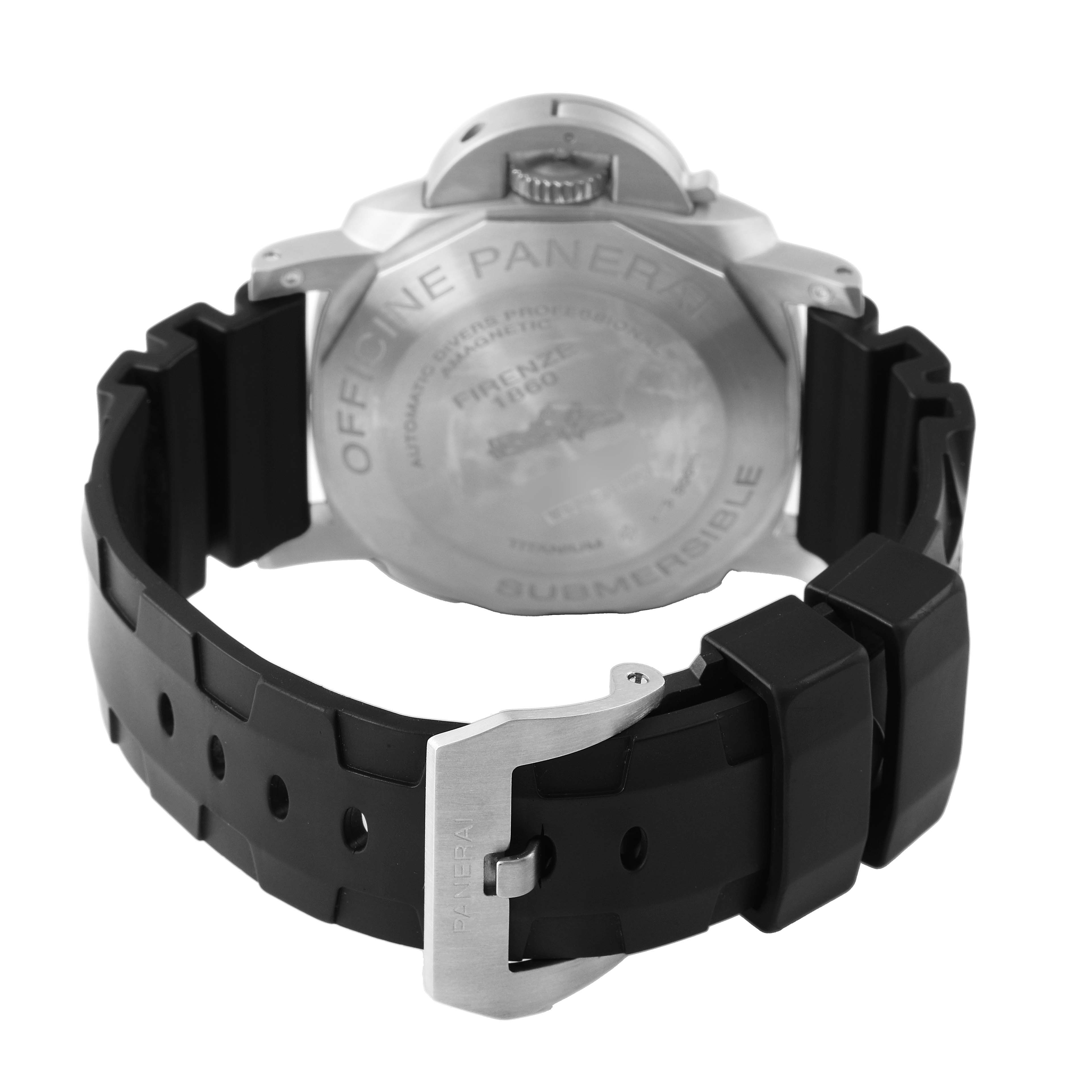 The image shows the back and buckle of a Panerai Submersible PAM01389 Men's Titanium Black Dial watch, featuring its case back and rubber strap.