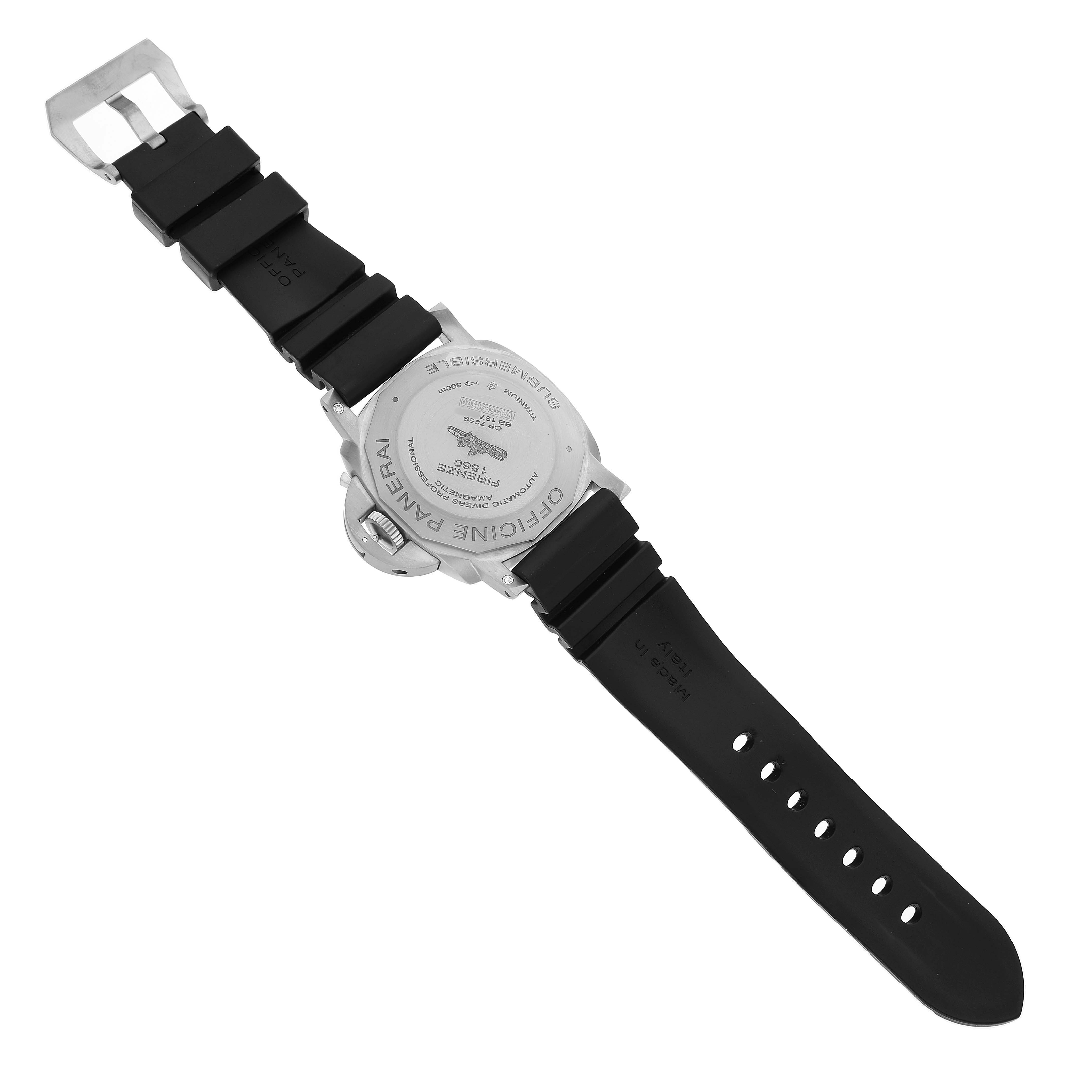 The image shows the back view of a Panerai Submersible PAM01389 Men's Titanium Black Dial watch, highlighting the case back and rubber strap.